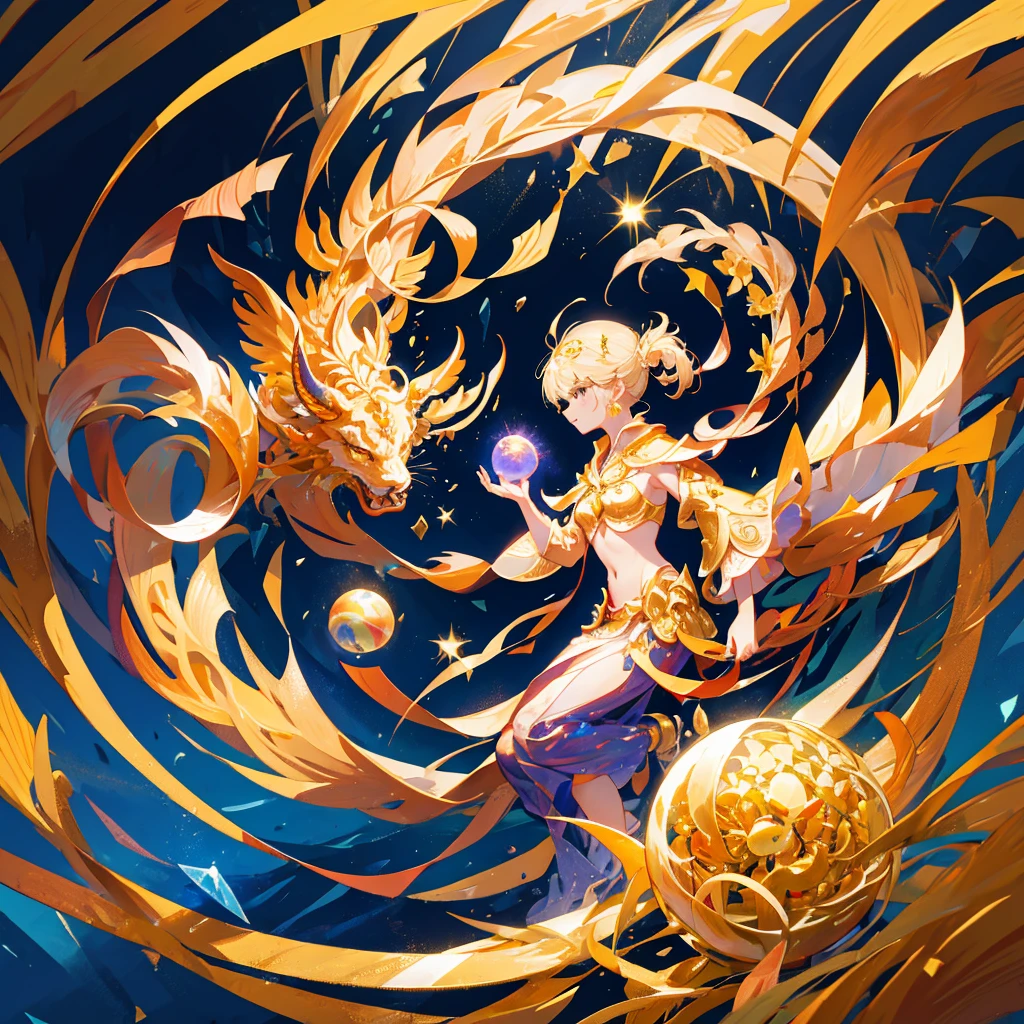 golden dragon holding a crystal ball, golden flower, golden shining background