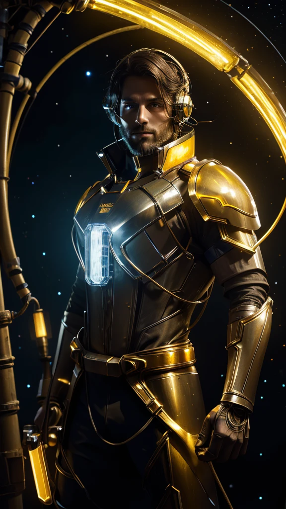 Man in mechanical helmet with yellow lights illuminating and flashlight illuminating and mechanical armor with yellow lights and highly detailed mechanical armor and blue wires on the mechanical armor shining and holding an orange planet and in the background the beautiful and beautiful galaxy full of shining stars 