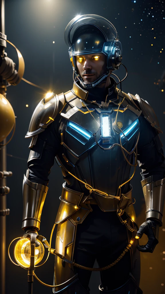 Man in mechanical helmet with yellow lights illuminating and flashlight illuminating and mechanical armor with yellow lights and highly detailed mechanical armor and blue wires on the mechanical armor shining and holding an orange planet and in the background the beautiful and beautiful galaxy full of shining stars 