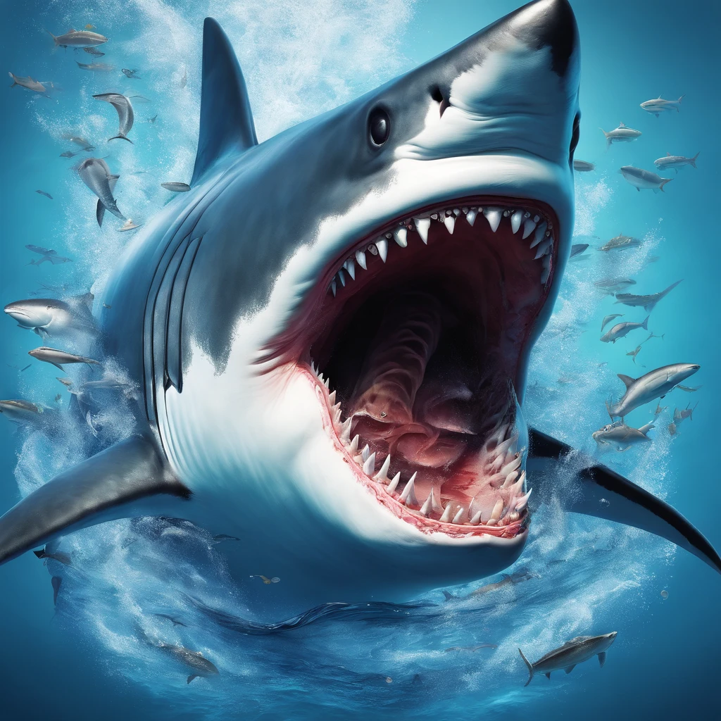 best quality, 32k, RAW photo, incredibly absurdres, extremely detailed, 30 meter long giant shark with a scary face, delicate, flashy and dynamic depiction