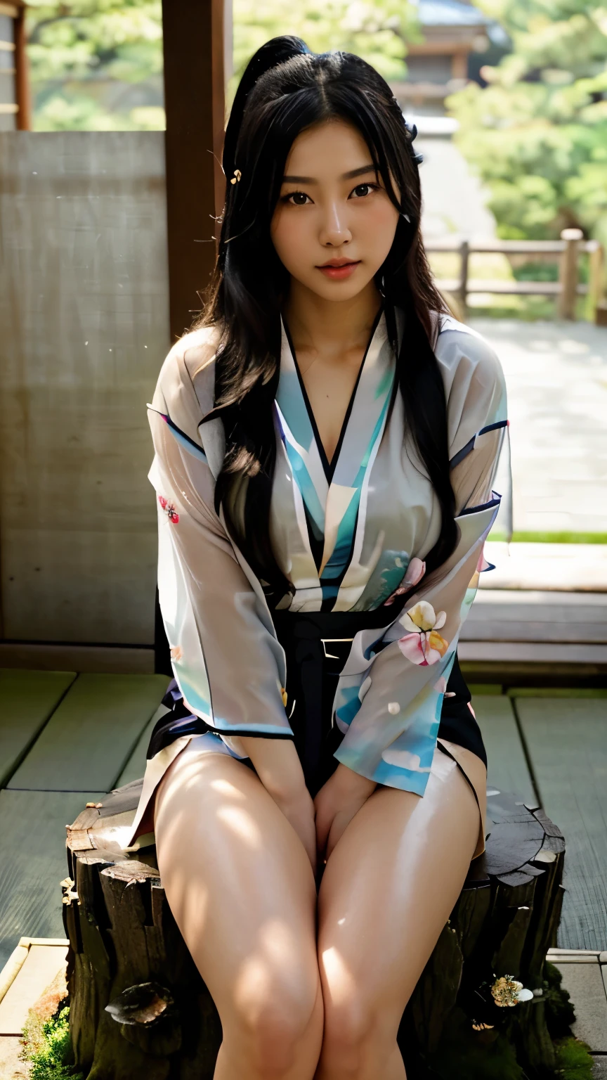 最high quality、high quality、best image quality、8K、最High resolution、High resolution、最high quality、masterpiece、realistic pictures、RAW photo、realistic atmosphere、(detailed face)、(fine hands、thumb１reference４)、(beauty of japan )、very nice face、cute face、((beautiful japanese girl))、(woman), ((18 year old beautiful girl))、(glossy black hair)、(straight long hair)、(ponytail)、whole body、slim style、(shiny skin)、(Fair skin, Glossy skin)、real human skin、realistic human body structure、perfect body， perfect face， perfect hands， perfect fingers， perfect lips， perfect eyes，perfect teeth、perfect background， perfect atmosphere，look at the camera、 natural soft light、samurai kimono、maiko kimono、servant、geisha kimono、The shape of the nipple is clearly visible、The shape of the pubic area is clearly visible、japanese kimono、japanese traditional、In front of a samurai residence in Japan、((random color(See-through floral kimono、side slit hakama))、((Sit on a stump(Pose that makes your thighs look beautiful))