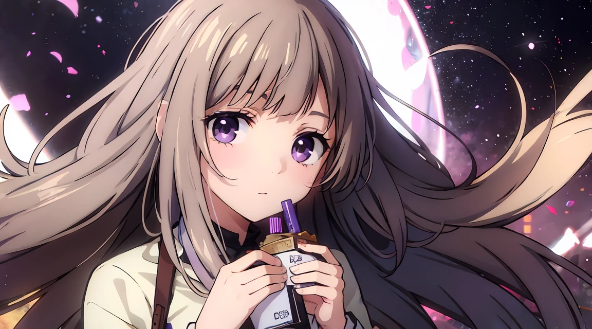 Long brown hair, cute, purple eyes.