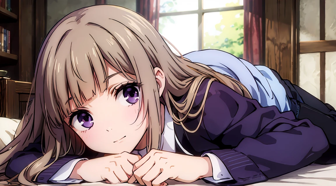 Long brown hair, cute, purple eyes.