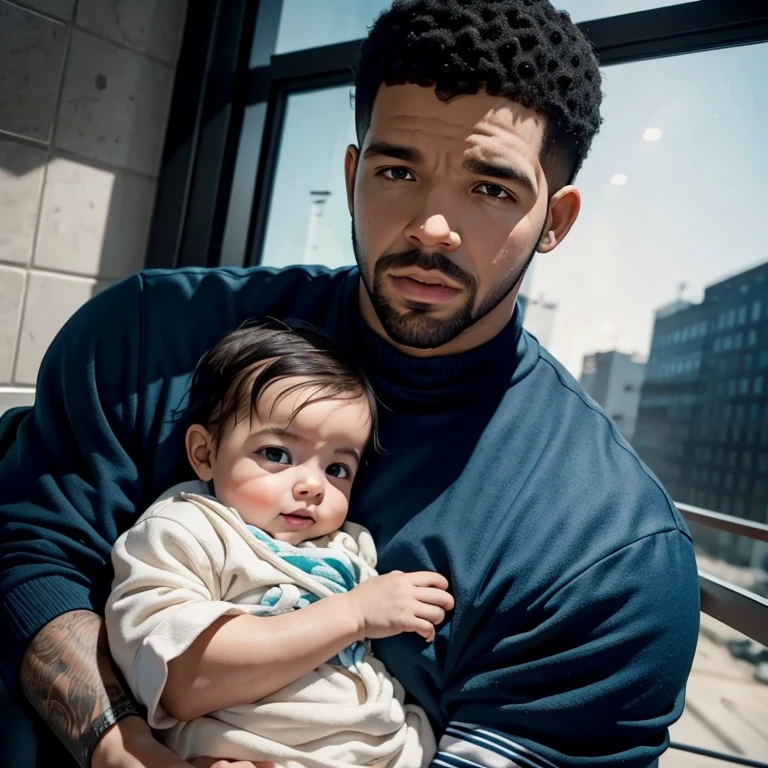 Generate an image of Drake, dripped out, looking gangsta, holding a white, Caucasian male  in his arms, with a frown on his face. Make the camera position an angle looking from above. Make the camera a little zoomed out. MAKE SURE DRAKE AND THE BABY ARE THE ONLY PEOPLE IN THE IMAGE.