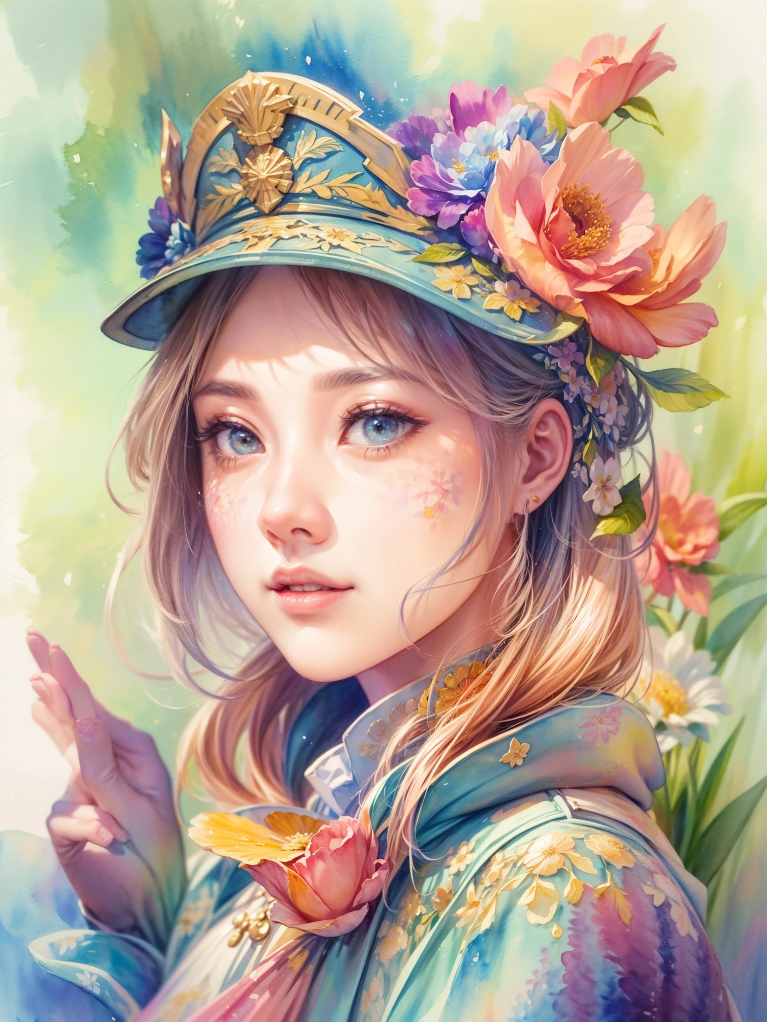 A watercolor painting of a cute navigator，Highlights the characteristics and beauty of Renaissance-style watercolor art。Artwork should capture the unique qualities of Renaissance watercolors，For example, the use of light and shadow、Detailed brushwork and rich color palette。The composition includes a navigator and a ship，sea etc.，Each one is carefully rendered，to showcase their individual beauty and the work as a whole。Detailed background，Complements the Navigator，But not so much that it overwhelms the navigator。Focus on showing the grace and delicacy of the navigator, (floral watercolor painting:1.6)，(Super high saturation, bright and vivid colors:1.5)