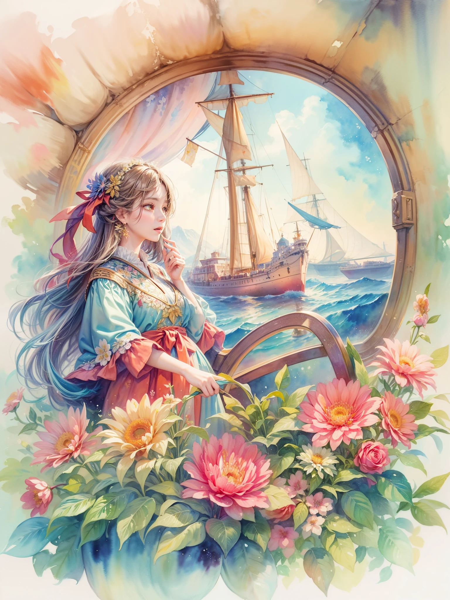 A watercolor painting of a cute navigator,Highlights the characteristics and beauty of Renaissance-style watercolor art。Artwork should capture the unique qualities of Renaissance watercolors,For example, the use of light and shadow、Detailed brushwork and rich color palette。The composition includes a navigator and a ship,sea etc.,Each one is carefully rendered,to showcase their individual beauty and the work as a whole。Detailed background,Complements the Navigator,But not so much that it overwhelms the navigator。Focus on showing the grace and delicacy of the navigator, (floral watercolor painting:1.6),(Super high saturation, bright and vivid colors:1.5)