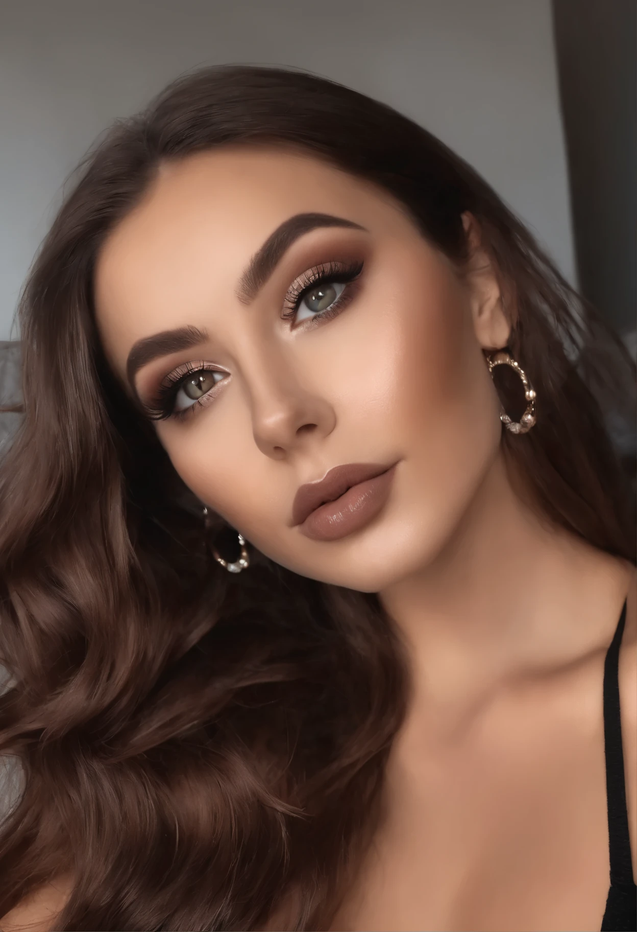 Arafierte Frau mit schwarzer Kleidung, Sexy girl with brown eyes, Portrait of Sophie Mudd, brown hair and big eyes, Selfie einer jungen Frau, Schlafzimmer Augen, Violet Myers, ohne Makeup, natural makeup, direkt in die Kamera schauen, Gesicht mit Artgram, dezentes Make-up, breathtaking full body shot, im Schlafzimmer, Dekollete, fullbody, zunge zeigen