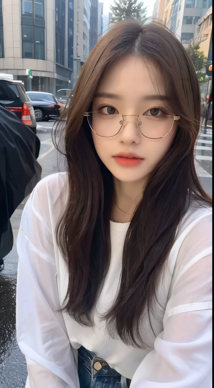 ((best quality, 8K, masterpiece:1.3)), focus:1.2, beautiful女人与完美的身材:1.4, Buttocks raised:1.2, ((Cut your hair into layers, beautiful:1.2)), (wet clothes:1.1) , (rain, street:1.3), White shirt,blue jeans:1.1, Highly detailed facial and skin textures, delicate eyes, double eyelids,whiten skin,long hair,Glasses,cold