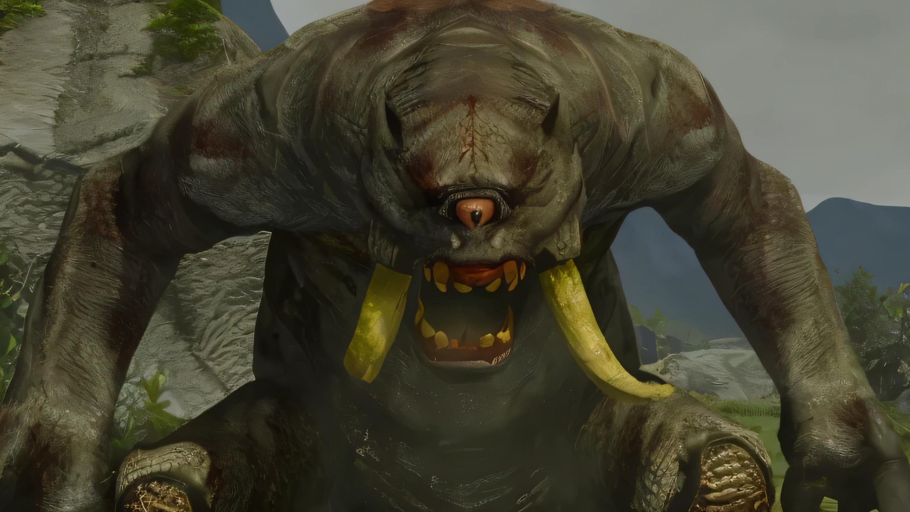 there is a very big monster with a big mouth and a big mouth, minotaur from path of exile, Marcarth, the hydra of the path of exile, de Skyrim, Abertura de maw, cara de grunhido magro, Jogo de Scorn, Elden Monstro do anel, Um Orc, fat and ripped satanic creature, Orc, Big Chungus como Elden Ring Boss