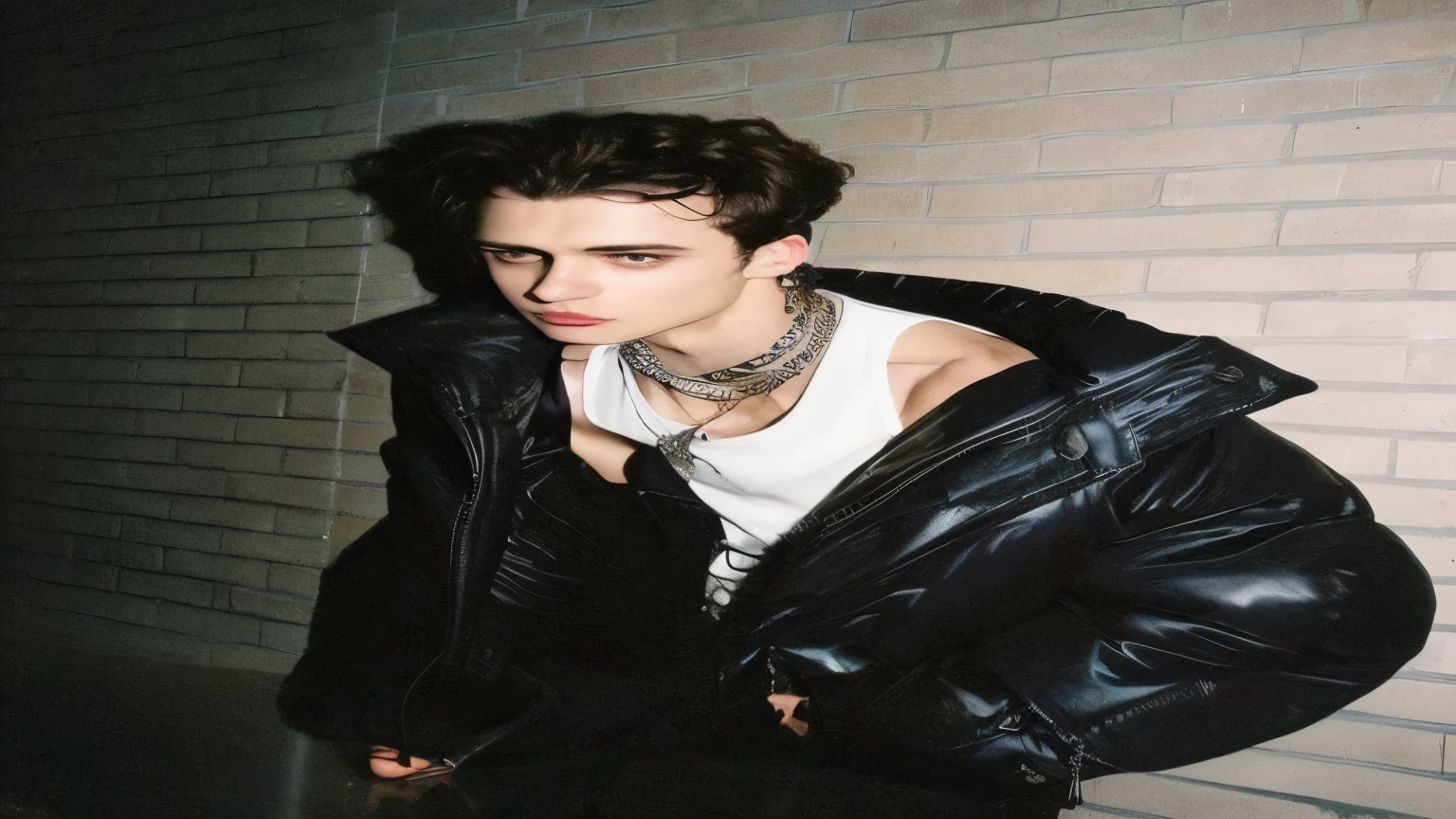 Homem de jaqueta preta e camisa branca, estilo de seb mckinnon, vestindo uma bandana e corrente, Timótee Chalamet, Deus Brando, Christian cline, Asher Duran, marca ariana, delicate androgynous prince, handsome androgynous prince, bladee da gangue de drenagem, park jimin