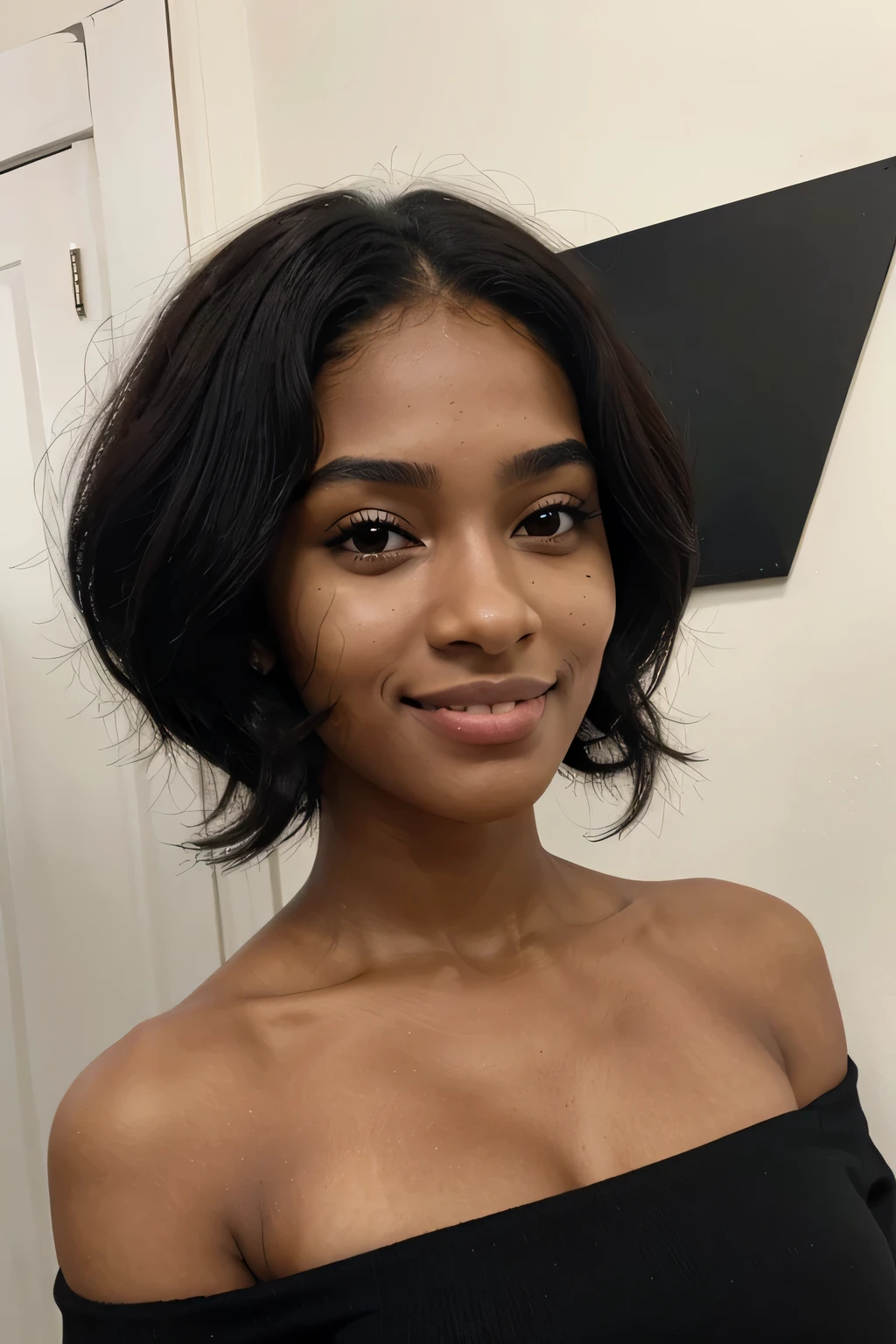 (rosto perfeito)), realismo, parda negra, cabelo crespo, jovem, corpo magro, roupa discreta, queixo quadrado, sorriso, nariz ligeiramente longo proporcional, eyebrows that are slightly bushy and not too close together, pernas finas