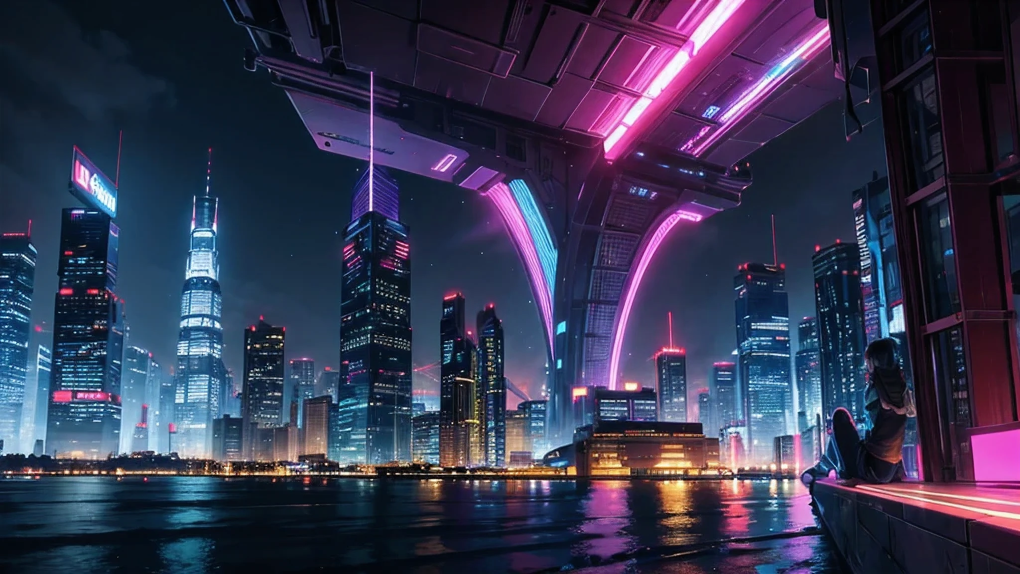 city line view, skyscrapers, neon lights, night, colorful, cyberpunk, high detailed, ultra-detailed, high dynamic range