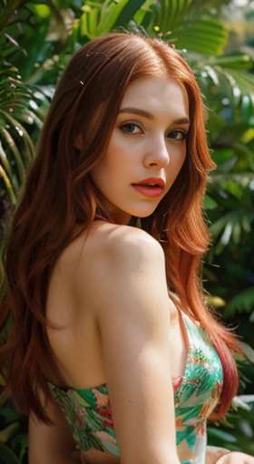 (best quality,ultra-detailed,photorealistic),young woman,beautiful eyes,detailed lips, pink lipstick, pensive expression, soft lighting,vibrant colors, long flowing red hair, stylish christmas outfit, jungle background,colorful flowers,natural sunlight,serene atmosphere, hourglass figure, 4k details, erotic face,  full body pose