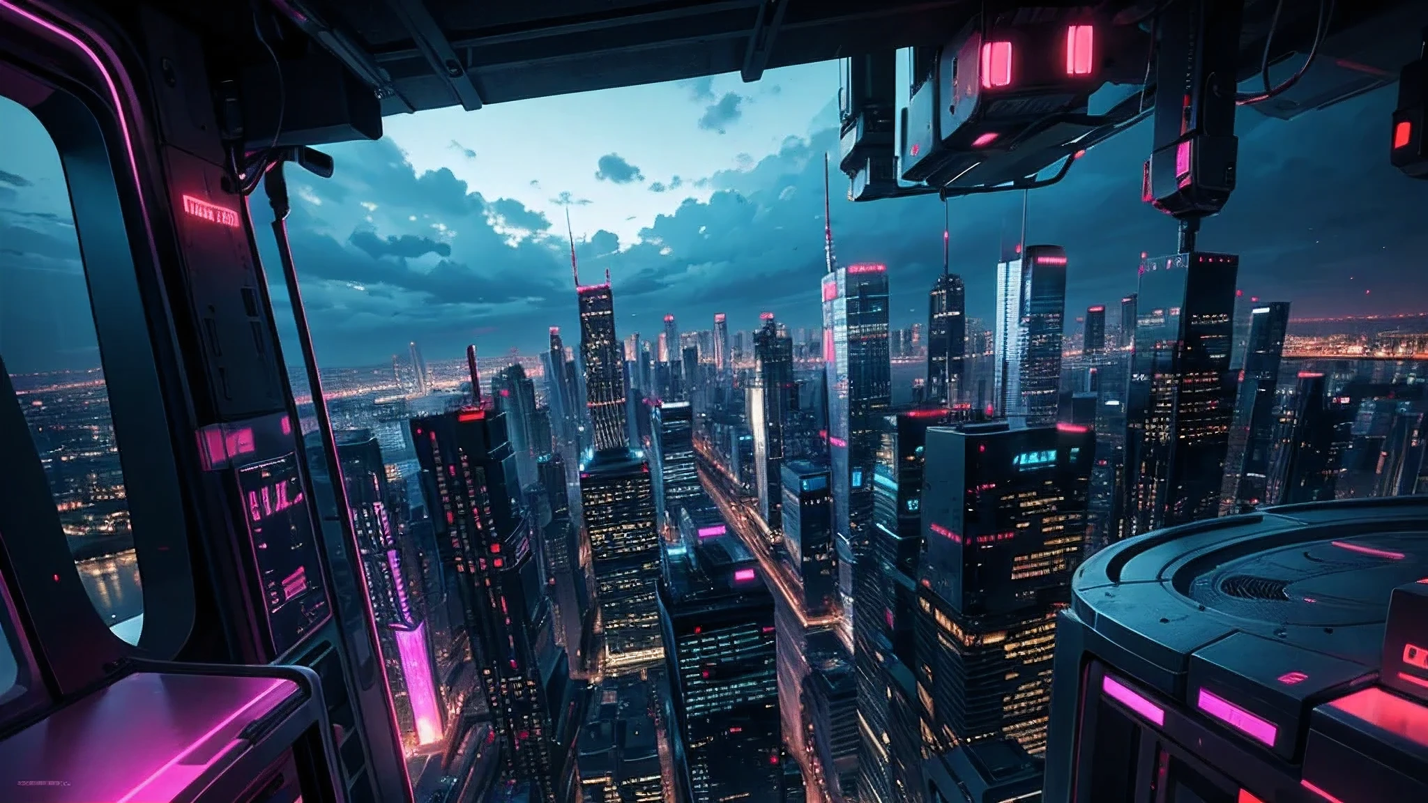 city line view, skyscrapers, neon lights, night, colorful, cyberpunk, high detailed, ultra-detailed, high dynamic range