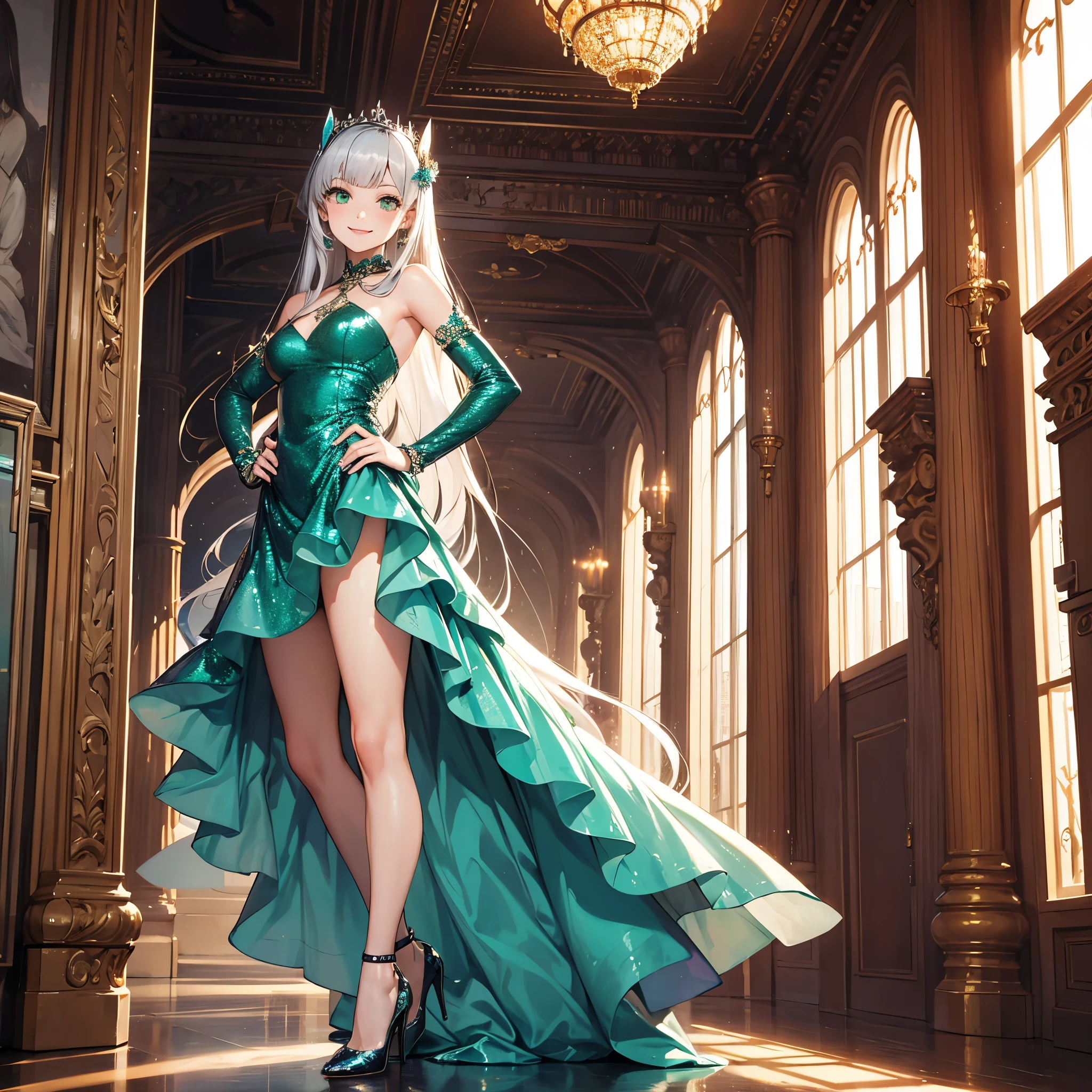1woman,solo, glossy hair, long hair, (((hime cut))), intricated sequin dress, short dress, smile, green eyes, looking the viewer, posing, hands on hip, great palace, glass palace, silver heels