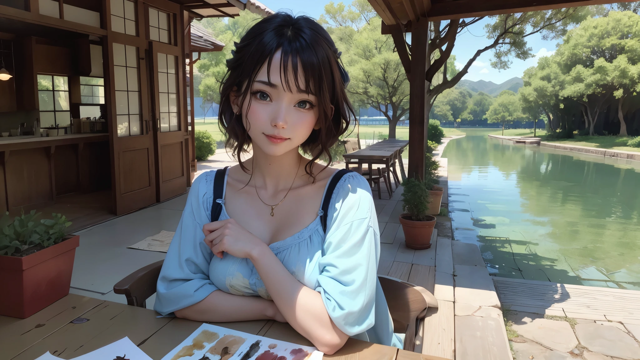 (high quality、8K、ultra hd、A woman with a mysterious and beautiful smile stands alone in the shade of a quiet tree.、random pose、whole body、Sunny summer sky、Brown hair and blue eyes、daytime)、 デジタルartファンタジー, fantastic park scenery, highly detailed landscape, soothing image、art:Alberto Seveso、抽象的なartスタイル、intricate and detailed watercolor painting、digital painting、コンセプトart、3D lighting、 tanvirtamim、metal reflection、2D rendering、artジャーム、ArtStat Trends、 great composition, ethereal fantasy, デジタルartファンタジー, 綺麗なデジタルart
