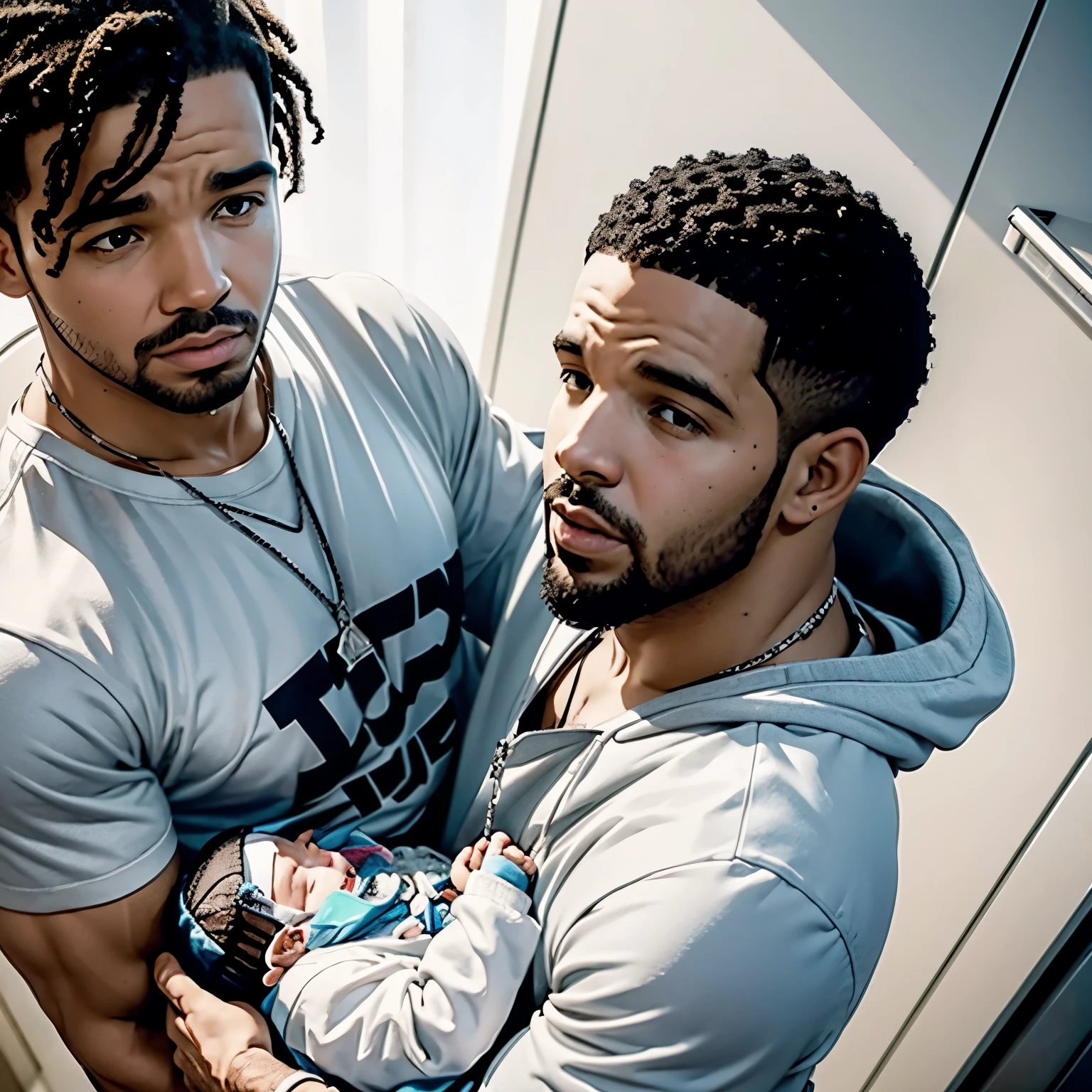 Generate an image of Drake, dripped out, looking gangsta, holding a white, Caucasian male baby in his arms, with a frown on his face. Make the camera position an angle looking from above. Make the camera a little zoomed out. MAKE SURE DRAKE AND THE BABY ARE THE ONLY PEOPLE IN THE IMAGE.