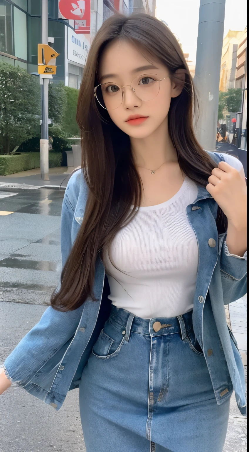 ((best quality, 8K, masterpiece:1.3)), focus:1.2, beautiful女人与完美的身材:1.4, Buttocks raised:1.2, ((Cut your hair into layers, beautiful:1.2)), (wet clothes:1.1) , (rain, street:1.3), White shirt,blue jeans:1.1, Highly detailed facial and skin textures, delicate eyes, double eyelids,whiten skin,long hair,Glasses,Cold girl