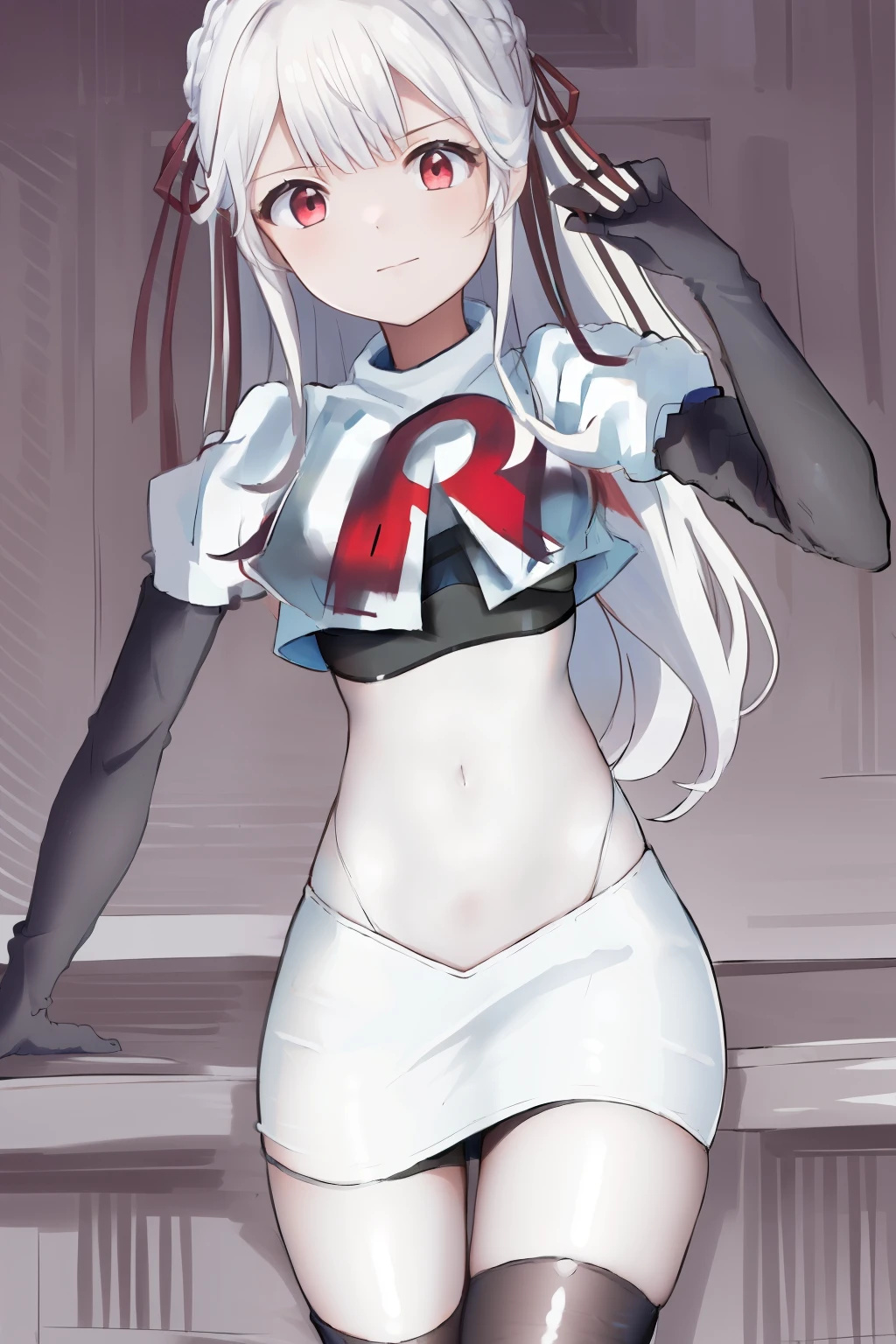 masterpiece, best quality, highres, 1girl hair ribbon, team rocket,team rocket uniform, red letter R, white skirt,white crop top,black thigh-highs,black elbow gloves,