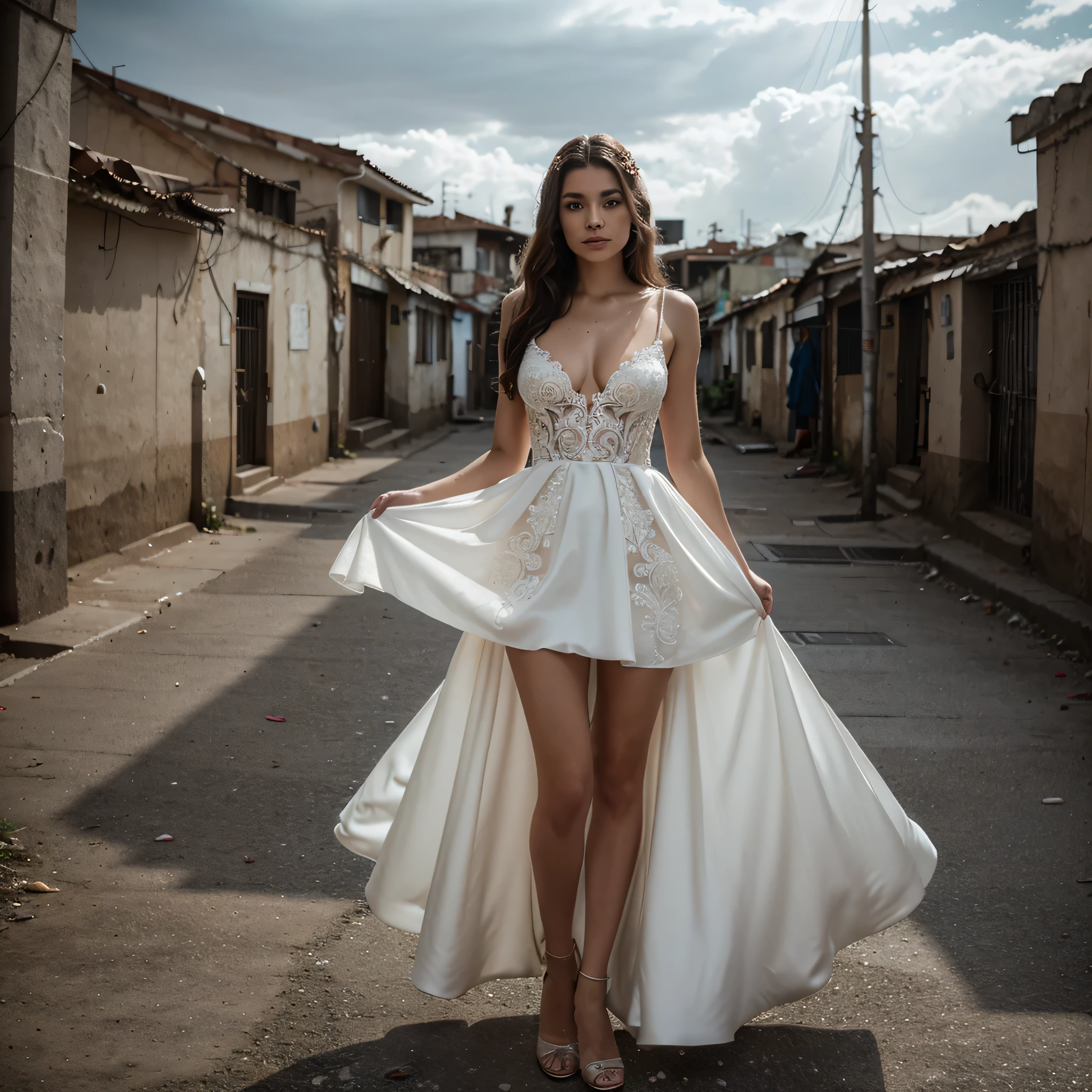 (in 8K, masterpiece: 1.2), 1 girl, , full body, a beauty, Italian, Colombian mix, South American origins, wedding dress, fantasy long intricate gown, white gown, romantic gown, dressed beautiful gown, gown, beautiful and elegant, intricate gown, robe. extremely high details, with lots of details, full of details, beautiful wedding dress, intricate detailed dress, beautiful gown, exquisite fine details, lost look, , sensual pose, raw photo degraded background( favelas, dirty, cloudy sky),