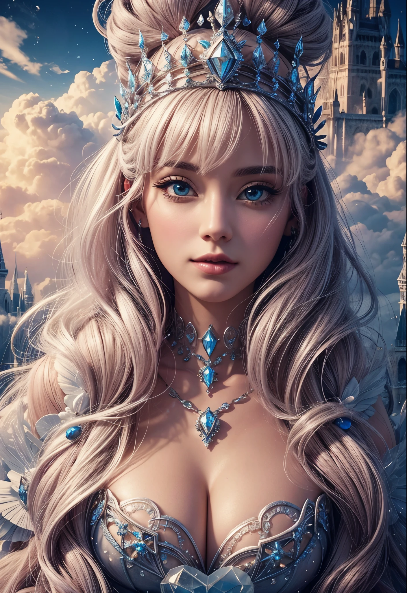 Cotton Candy Queen Women Goddess 8k Resolution Rendered Hyper Realistic Intricate Detail lives in an frosty heart shaped ice bubble, a fanciful place filled with castles, cotton candy, swans lakes and fluffy clouds, An intricate visual representation of computer programing, rendered in 24k resolution with intricate details and symbols.