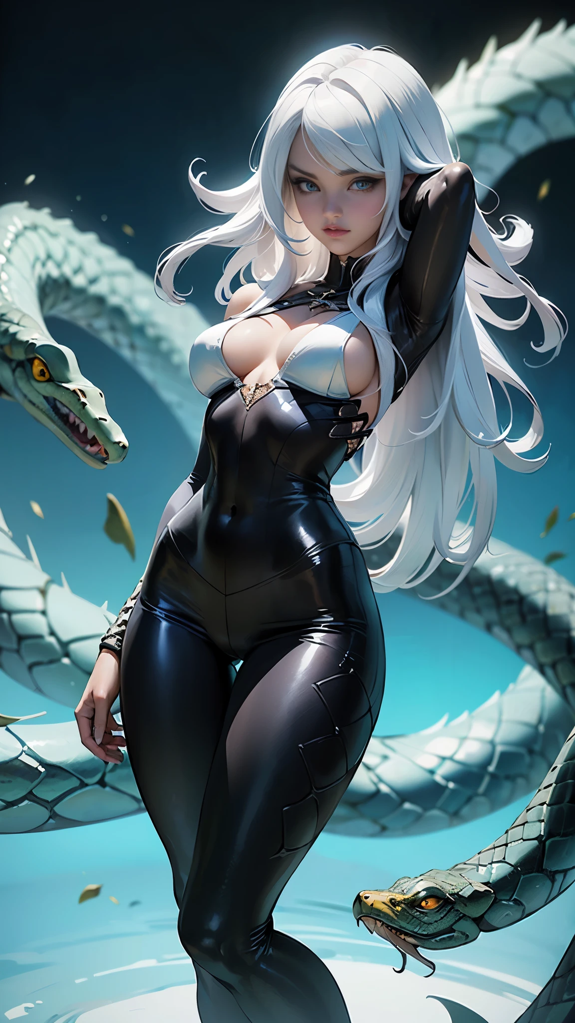 (La mejor calidad,A high resolution,Ultra - detallado,actual), Selena Gomez con un bodysuit blanco con una serpiente gigante blanco, Reina de las serpientes, (hermosos ojos azules), (fondo piedras grandes negro:1.4) , (pose vaquero ), (realistic) ,Arte detallado de alta calidad 8K, Fanart Mejor ArtStation, Fantasy art style , (bikini  violeta :1.4),(serpiente blanco gigante:1.4), (bodysuit white de serpiente:1.4) ,(cabello white canoso largo:1.4),( fondo agua realistic cristalina) ,(Perfect anatomy ), (anaconda gigante blanco:1.4), (leggings white:1.4 ),