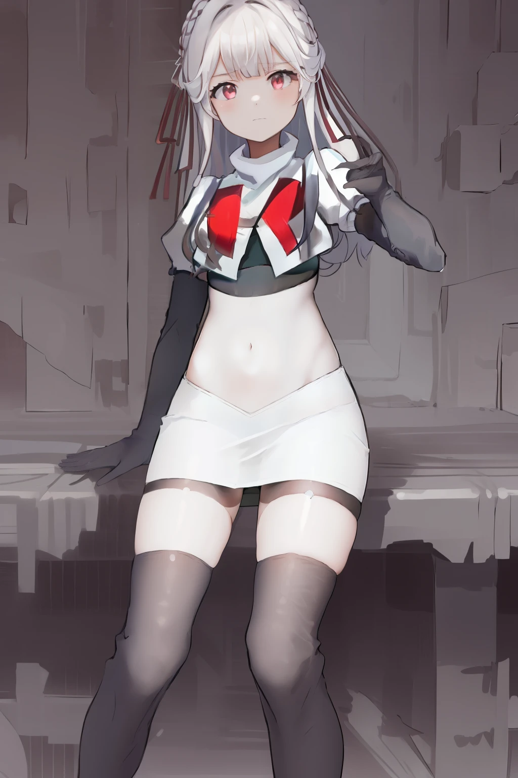 masterpiece, best quality, highres, 1girl hair ribbon, team rocket,team rocket uniform, red letter R, white skirt,white crop top,black thigh-highs,black elbow gloves,