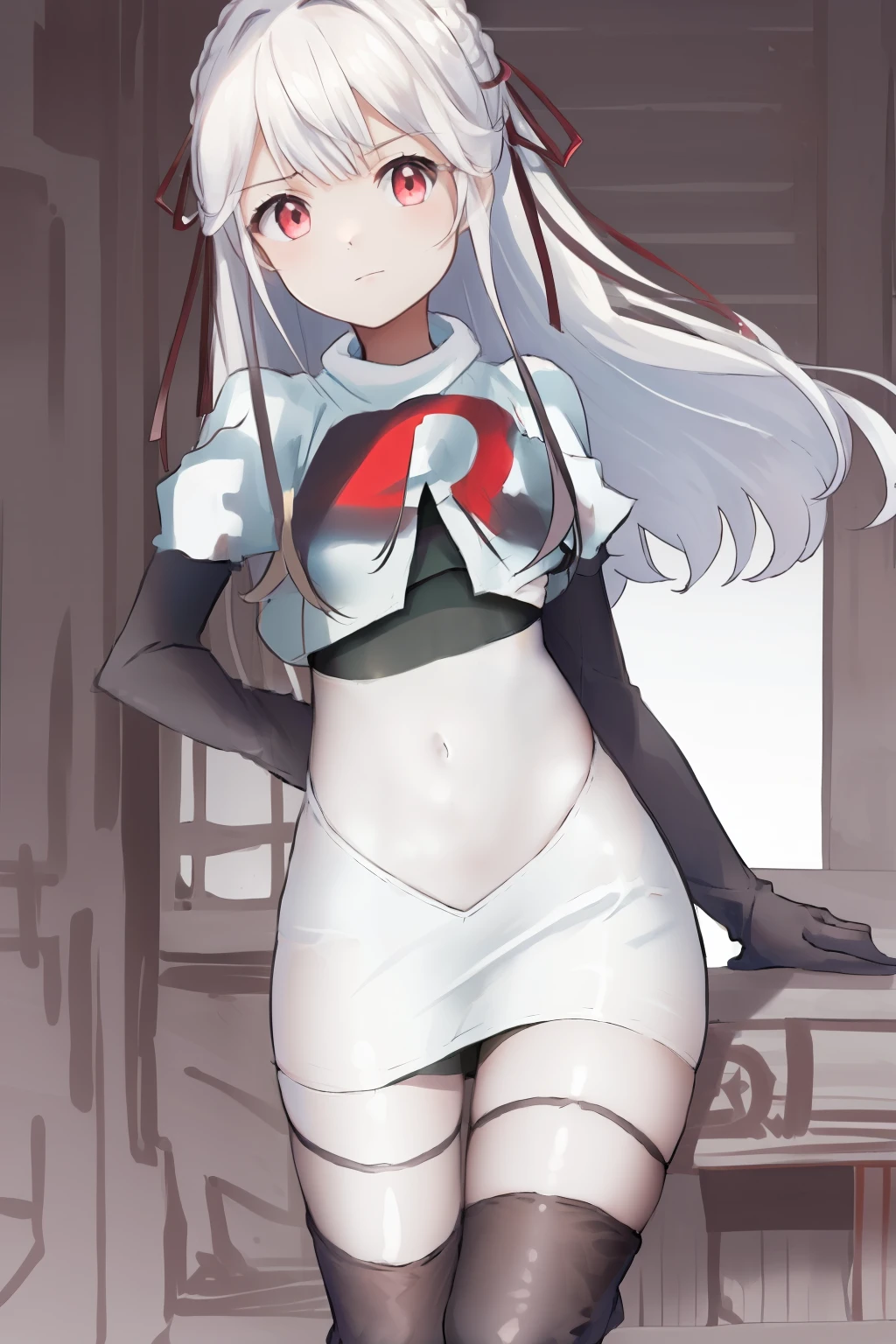 masterpiece, best quality, highres, 1girl hair ribbon, team rocket,team rocket uniform, red letter R, white skirt,white crop top,black thigh-highs,black elbow gloves,