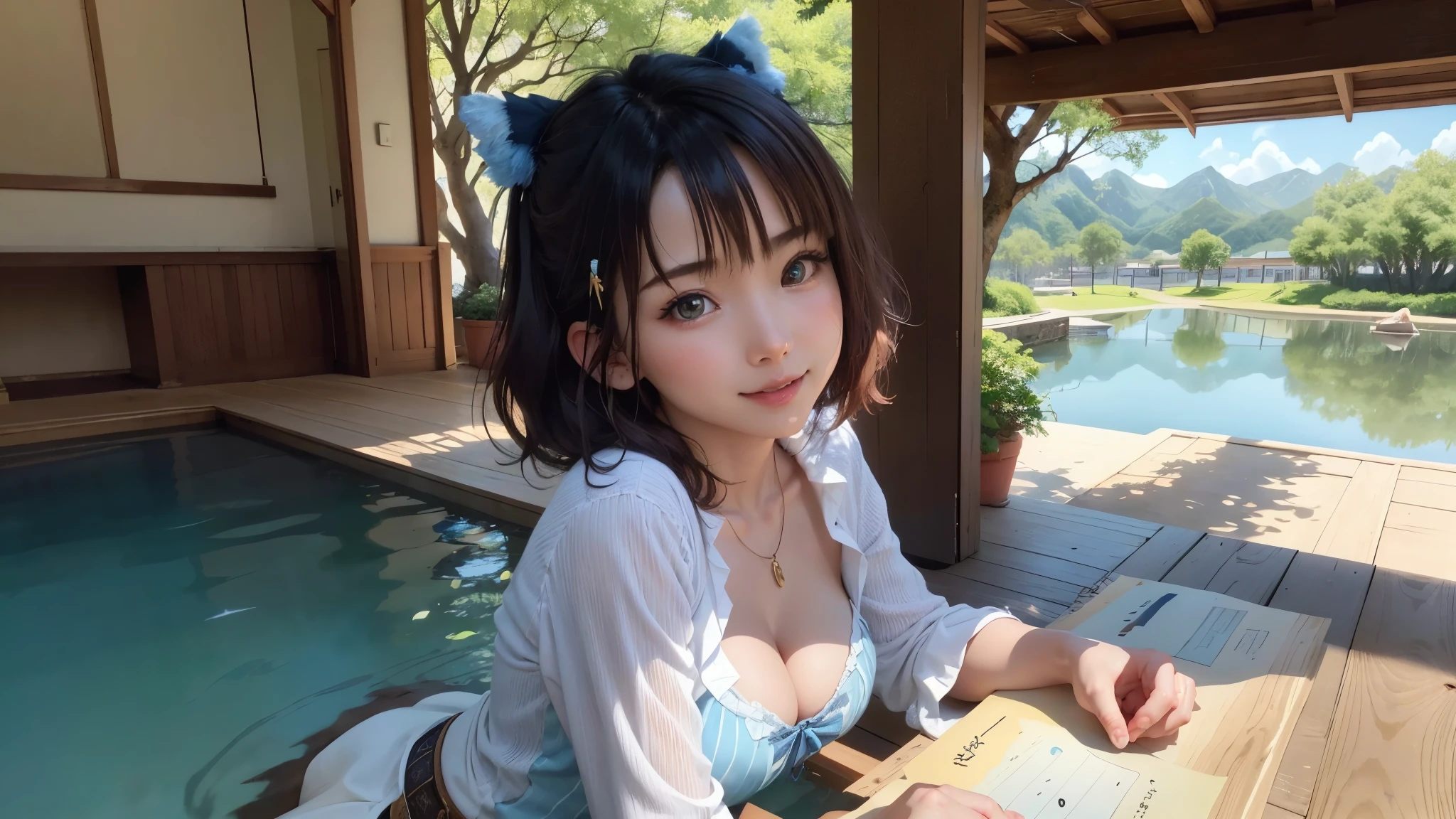 (high quality、8K、ultra hd、A woman with a mysterious and beautiful smile stands alone in the shade of a quiet tree.、random pose、whole body、Sunny summer sky、Brown hair and blue eyes、daytime)、 デジタルartファンタジー, fantastic park scenery, highly detailed landscape, soothing image、art：Alberto Seveso、抽象的なartスタイル、intricate and detailed watercolor painting、digital painting、コンセプトart、3D lighting、 tanvirtamim、metal reflection、2D rendering、artジャーム、ArtStat Trends、 great composition, ethereal fantasy, デジタルartファンタジー, 綺麗なデジタルart