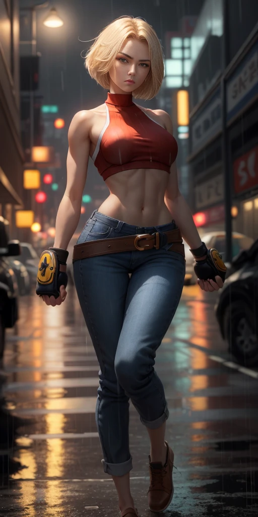 maryms,Best Quality,(beauty),masterpiece,  1girl,phisically-based render ,ultra highres,narrow waist, skinny,big eyes,long legs,(small breasts),puffy eyes, night,(rainy city), shiny skin, facing viewer, fighting stance, (make a fist),firm expression,