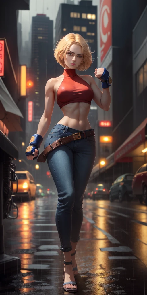 maryms,Best Quality,(beauty),masterpiece,  1girl,phisically-based render ,ultra highres,narrow waist, skinny,big eyes,long legs,(small breasts),puffy eyes, night,(rainy city), shiny skin, facing viewer, fighting stance, (make a fist),firm expression,