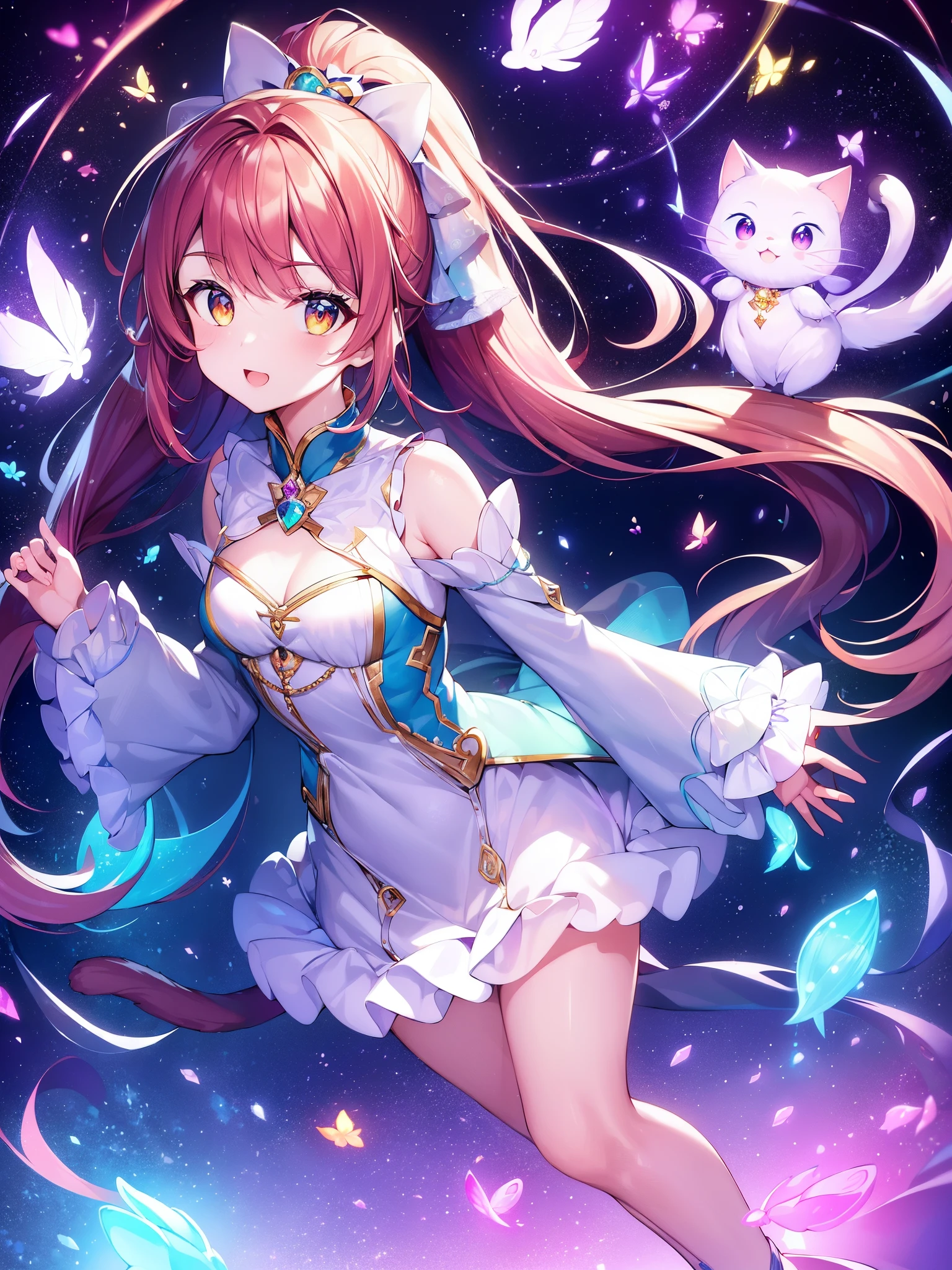 (((tmasterpiece))), 4k resolution, higly detailed, hiquality, hight resolution, ultradetailed, 8K, beste-Qualit, A cute cat hung beautifully in the air, among glowing fish and crystals, Fireflies, magical light, Neon
