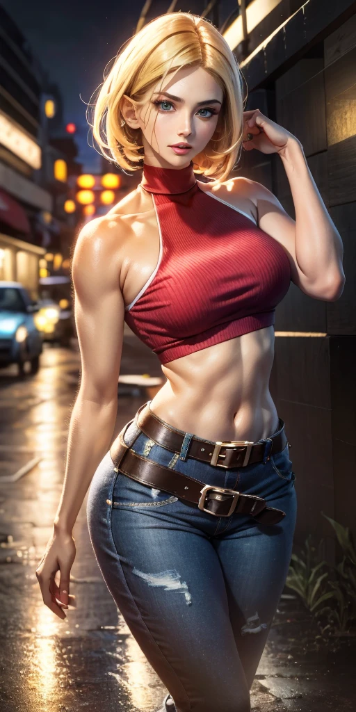 Blue Mary cosplay, melhor qualidade, (beleza), rosto garota 20 anos, rosto bonito, obra-prima, cropped vermelho, blusa vermelha, jeans with brown belt,  Physics-based rendering, ultra highres, cintura estreita, magro, olhos grandes, pernas longas, (seios pequenos), olhos inchados, noite, (cidade chuvosa), pele brilhante , de frente para o espectador, firm expression, realista, mulher, sexy,