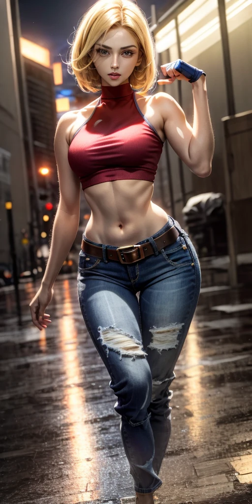 Blue Mary cosplay, melhor qualidade, (beleza), rosto garota 20 anos, rosto bonito, obra-prima, cropped vermelho, blusa vermelha, jeans with brown belt, Physics-based rendering, ultra highres, cintura estreita, magro, olhos grandes, pernas longas, (seios pequenos), olhos inchados, noite, (cidade chuvosa), pele brilhante , de frente para o espectador, firm expression, realista, mulher, sexy,