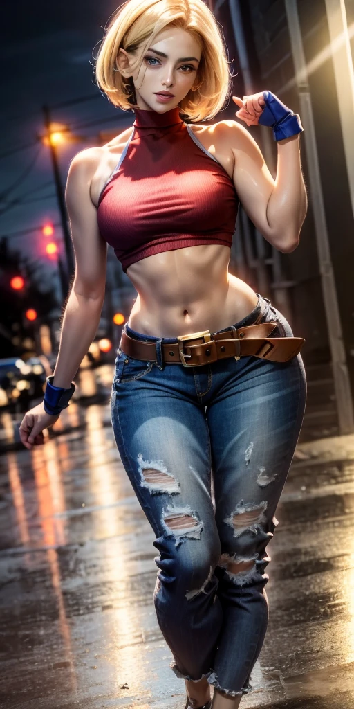 Blue Mary cosplay, melhor qualidade, (beleza), rosto garota 20 anos, rosto bonito, obra-prima, cropped vermelho, blusa vermelha, jeans with brown belt, Physics-based rendering, ultra highres, cintura estreita, magro, olhos grandes, pernas longas, (seios pequenos), olhos inchados, noite, (cidade chuvosa), pele brilhante , de frente para o espectador, firm expression, realista, mulher, sexy,