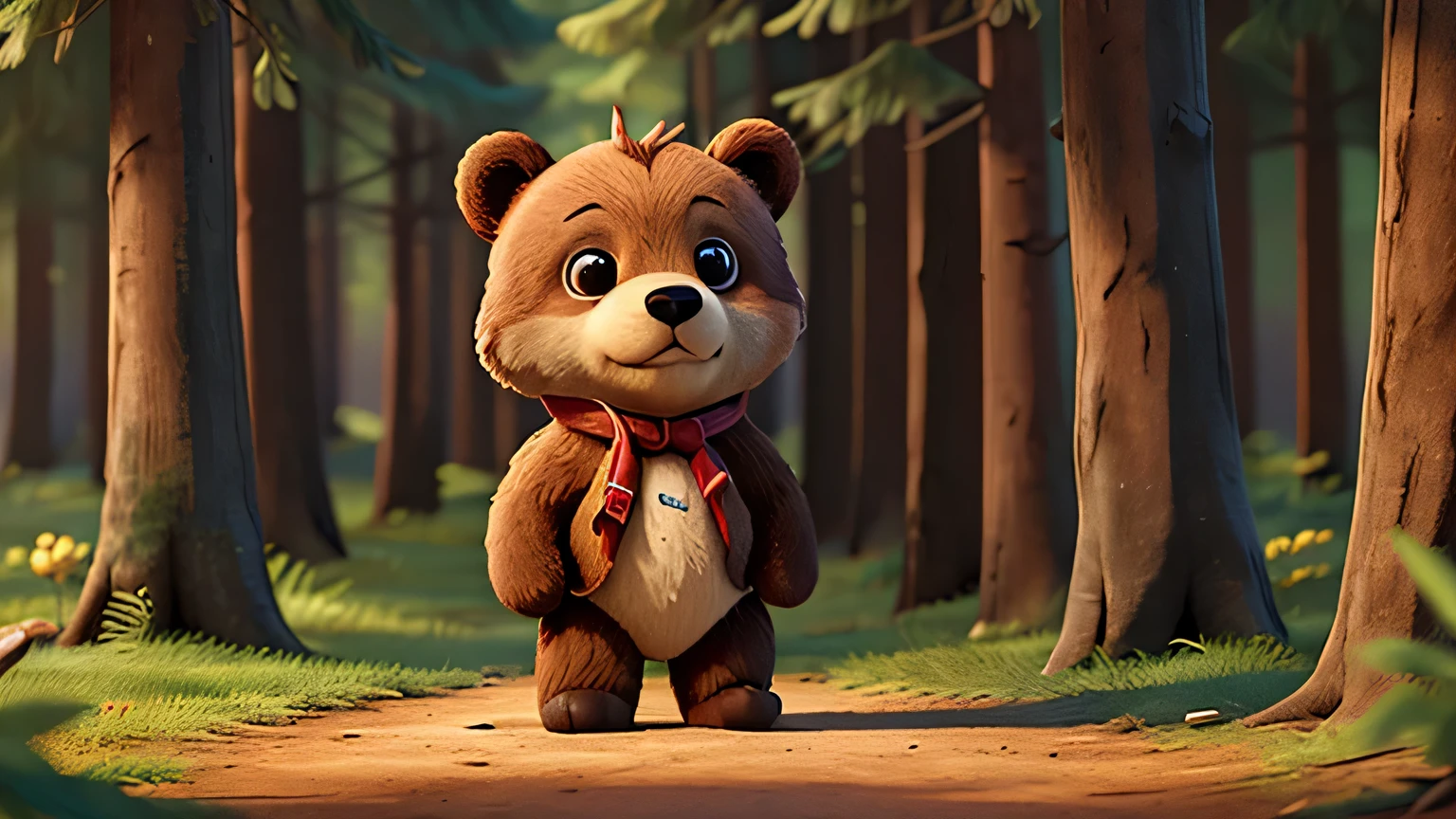 um ursinho parado na floresta, Estilo Disney