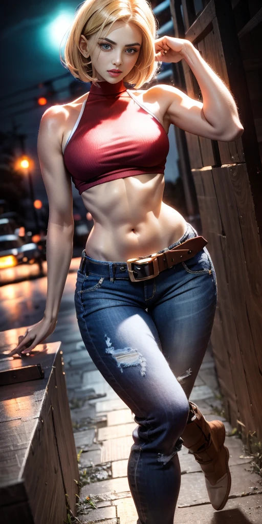 Blue Mary cosplay, melhor qualidade, (beleza), rosto garota 20 anos, rosto bonito, obra-prima, cropped vermelho, blusa vermelha, jeans with brown belt, Physics-based rendering, ultra highres, cintura estreita, magro, olhos grandes, pernas longas, (seios pequenos), olhos inchados, noite, (cidade chuvosa), pele brilhante , de frente para o espectador, firm expression, realista, mulher, sexy,