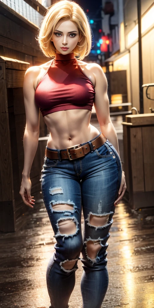 Blue Mary cosplay, melhor qualidade, (beleza), rosto garota 20 anos, rosto bonito, obra-prima, cropped vermelho, blusa vermelha, jeans with brown belt, Physics-based rendering, ultra highres, cintura estreita, magro, olhos grandes, pernas longas, (seios pequenos), olhos inchados, noite, (cidade chuvosa), pele brilhante , de frente para o espectador, firm expression, realista, mulher, sexy,