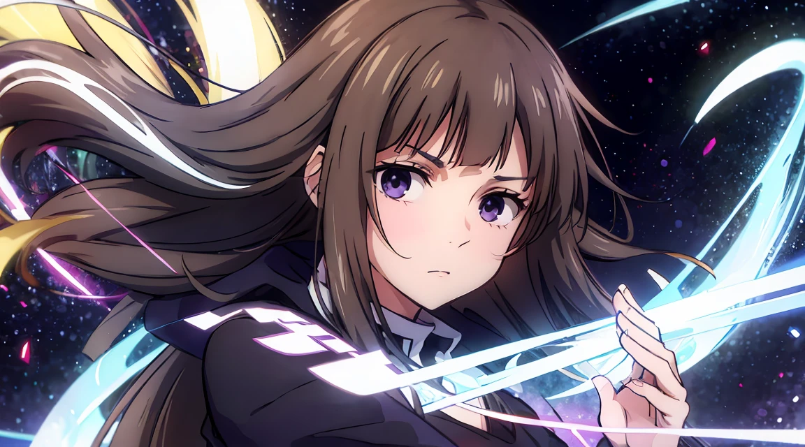 Long brown hair, cute, purple eyes, jujutsu kaisen uniforn