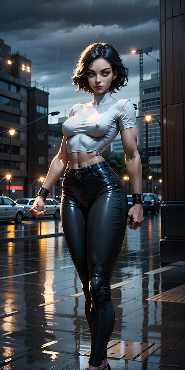 maryms,Best Quality,(beauty),masterpiece, 1girl,phisically-based render ,ultra highres,narrow waist, skinny,big eyes,long legs,(small breasts),puffy eyes, night,(rainy city), shiny skin, facing viewer, fighting stance, (make a fist),firm expression,
