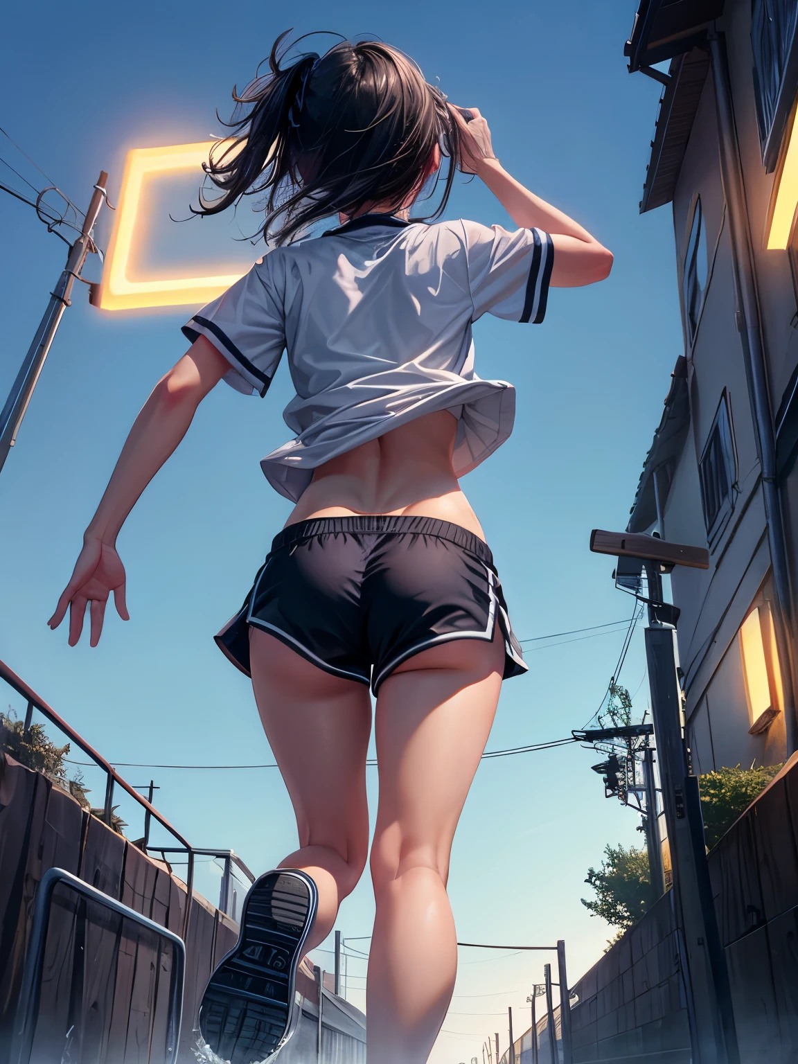 cinematic lighting、highest quality、with a girl、running shorts、nice ass、stick out your butt、embarrassing、Clear liquid leaks from the crotch、schoolyard、