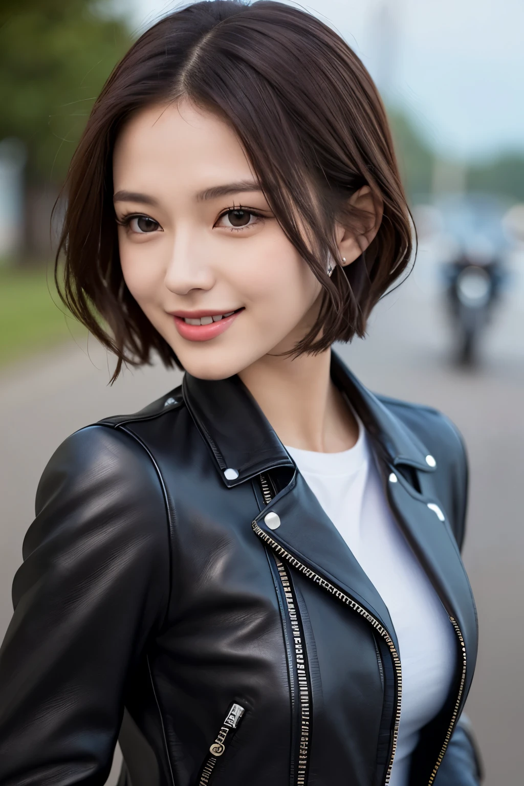((best quality)), ((masterpiece)), (leather jacket), ((detailed face)), detailed eyes, perfectly shaped beautiful woman&#39;s face、((I can see the whole body))、Motorcycle Women, smile, Metallic boots, The wind is blowing、short hair、leather pants