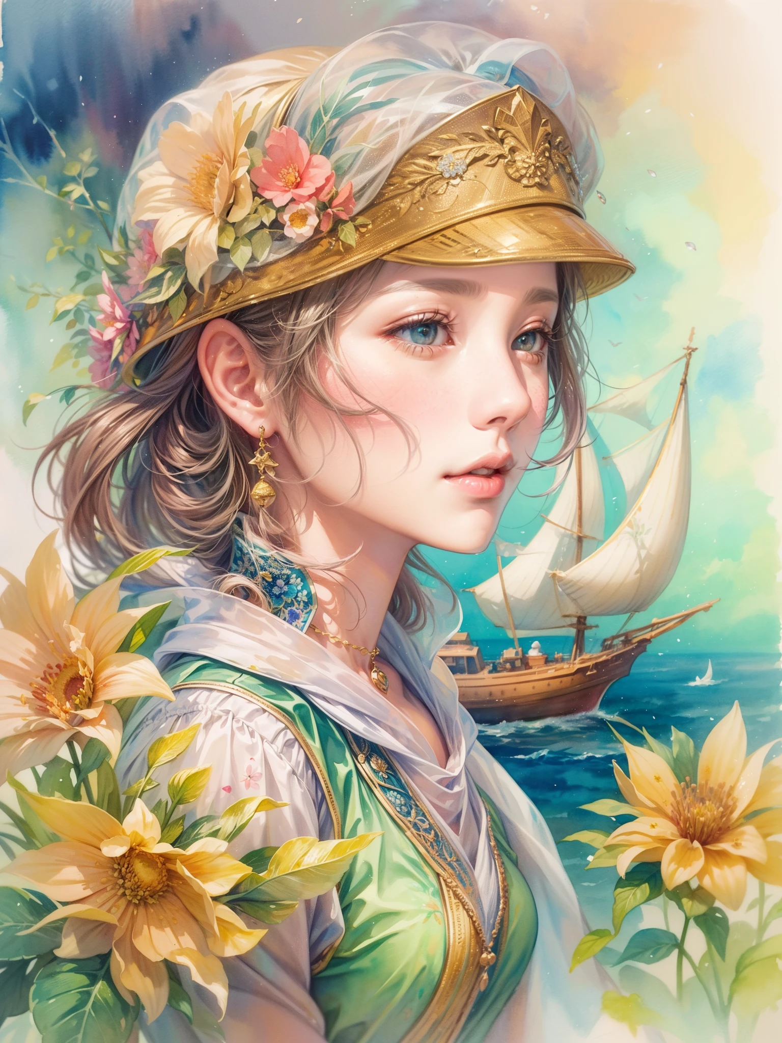A watercolor painting of a cute navigator,Highlights the characteristics and beauty of Renaissance-style watercolor art。Artwork should capture the unique qualities of Renaissance watercolors,For example, the use of light and shadow、Detailed brushwork and rich color palette。The composition includes a navigator and a ship,sea etc.,Each one is carefully rendered,to showcase their individual beauty and the work as a whole。Detailed background,Complements the Navigator,But not so much that it overwhelms the navigator。Focus on showing the grace and delicacy of the navigator, (floral watercolor painting:1.5),(Super high saturation, bright and vivid colors:1.5)
