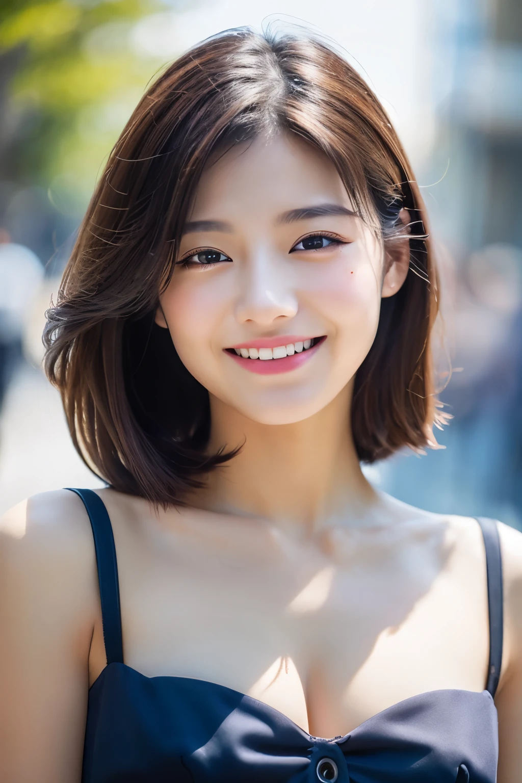 (skin stains:1.2), (skin dents), black eye, 1woman, 20-year-old, (((woman))), solo, realistic, best image quality, Photoreal, masterpiece, 8K, High resolution, solo, highly detailed face, (professional lighting、Bokeh), (particles of light、Lens flare、luminescent particles:0.6),, soft lighting, Angle seen from above, Fashionable and trendy atmosphere, Japan, street, Tokyo city, port, Sky tree, Tokyo Tower, ((daytime)), sky sky, ((look at the audience:1)), (looking at camera)、(Portrait:0.6)、cowboy shot、Gorgeous、standing、maintain original facial proportions、wide shoulders、(((small breasts)))、Full body Esbian、(medium hair)、brown hair、floating hair、lips、mouth紅、enchanting smile、floating hair、laughter、Open_mouth、tooth、(white camisole)、eyelash、mole、(mole under the eyes:1)、she