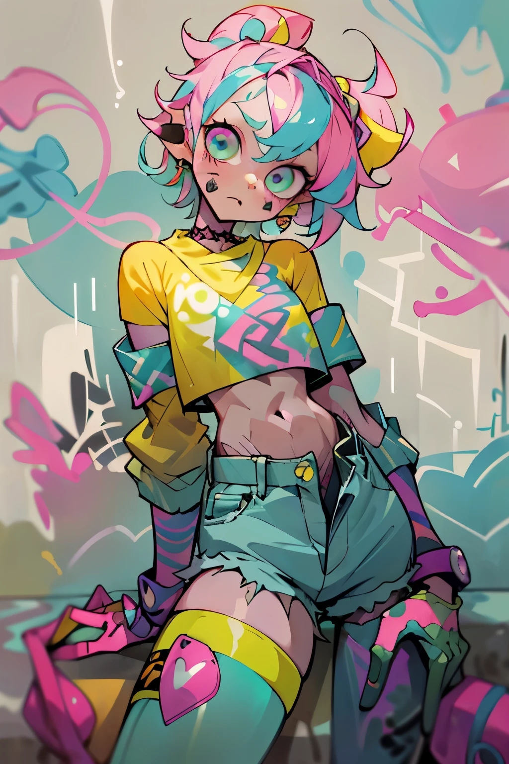 masterpiece, best quality, 1girl, solo, crop top, denim shorts, choker, (graffiti:1.5), paint splatter, arms behind back, against wall, looking at viewer, armband, thigh strap, paint on body, head tilt, bored, multicolored hair, aqua eyes, headset,non gender anime person in slim body with an outfit of yellow sweater with pink polkadot bubble design, and blue and green pants, psycho, cool pose, left crab arms, zooble, cool sit pose, pink short messy hair, abstract triangular shapes, clown vibe
