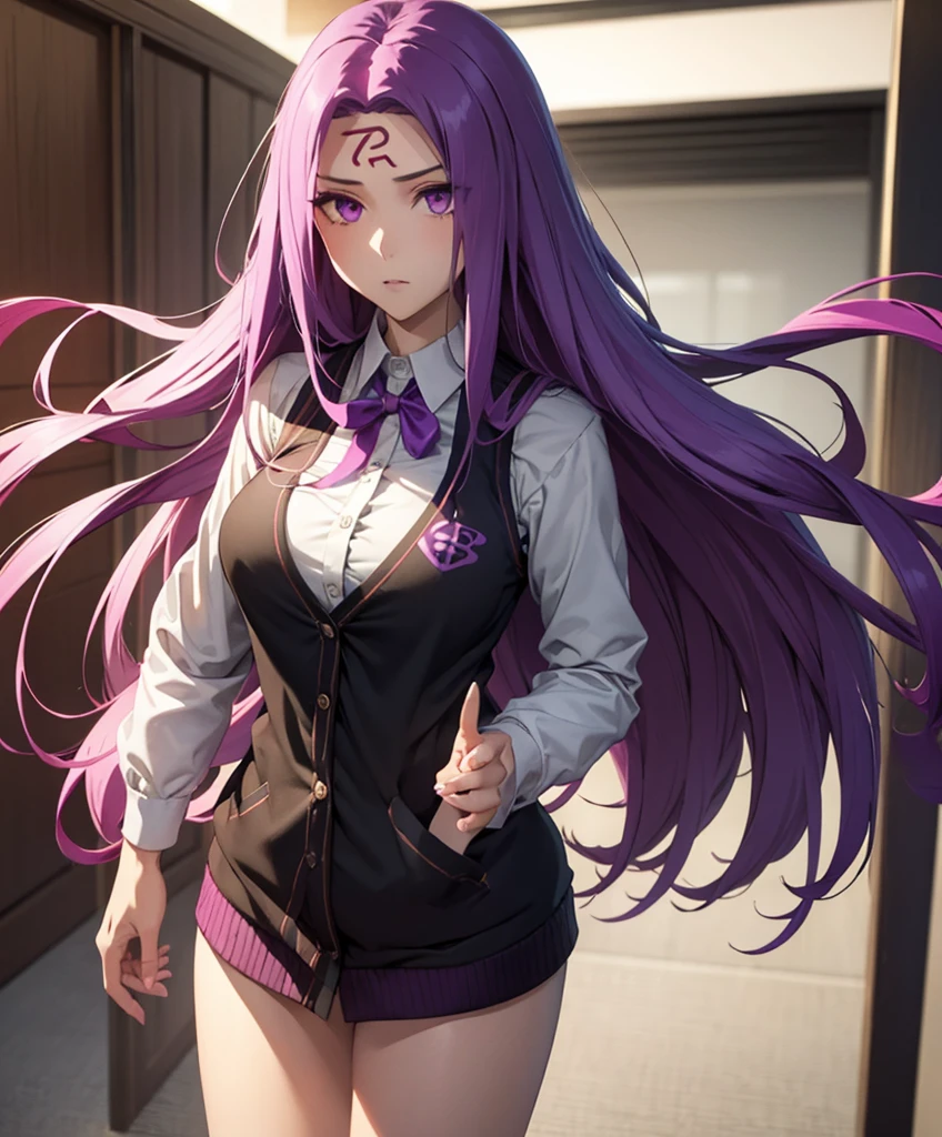 Medusa、fate、Purple Hair、Long Hair、((pantyhose))、Photo from below、Medium chest、Bedroom、mini skirt、Pencil Skirt、blouse、、Leg spread