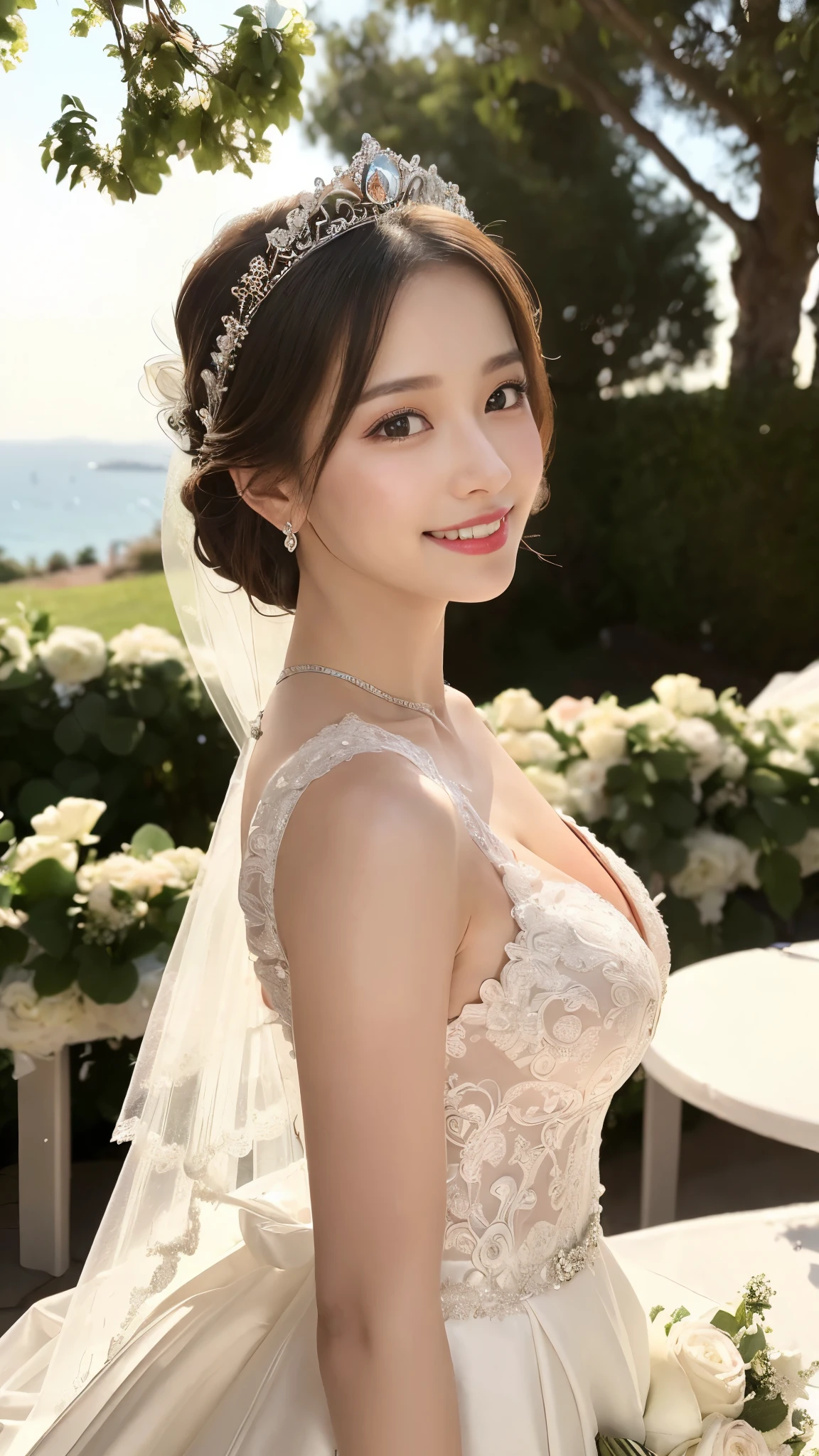 (best quality, on the table:1.2), (actual:1.3), (Super detailed background, Detailed background), Bokeh,taken from the side,  ((Large breasts)), [Beautiful valley],(Princess line wedding dress:1.3),(Neck:1.5), Bridal tiara, wedding veil, bridal gloves,  Upper body, Beautiful wedding venue near the sea, ager, Lovely,smiling,