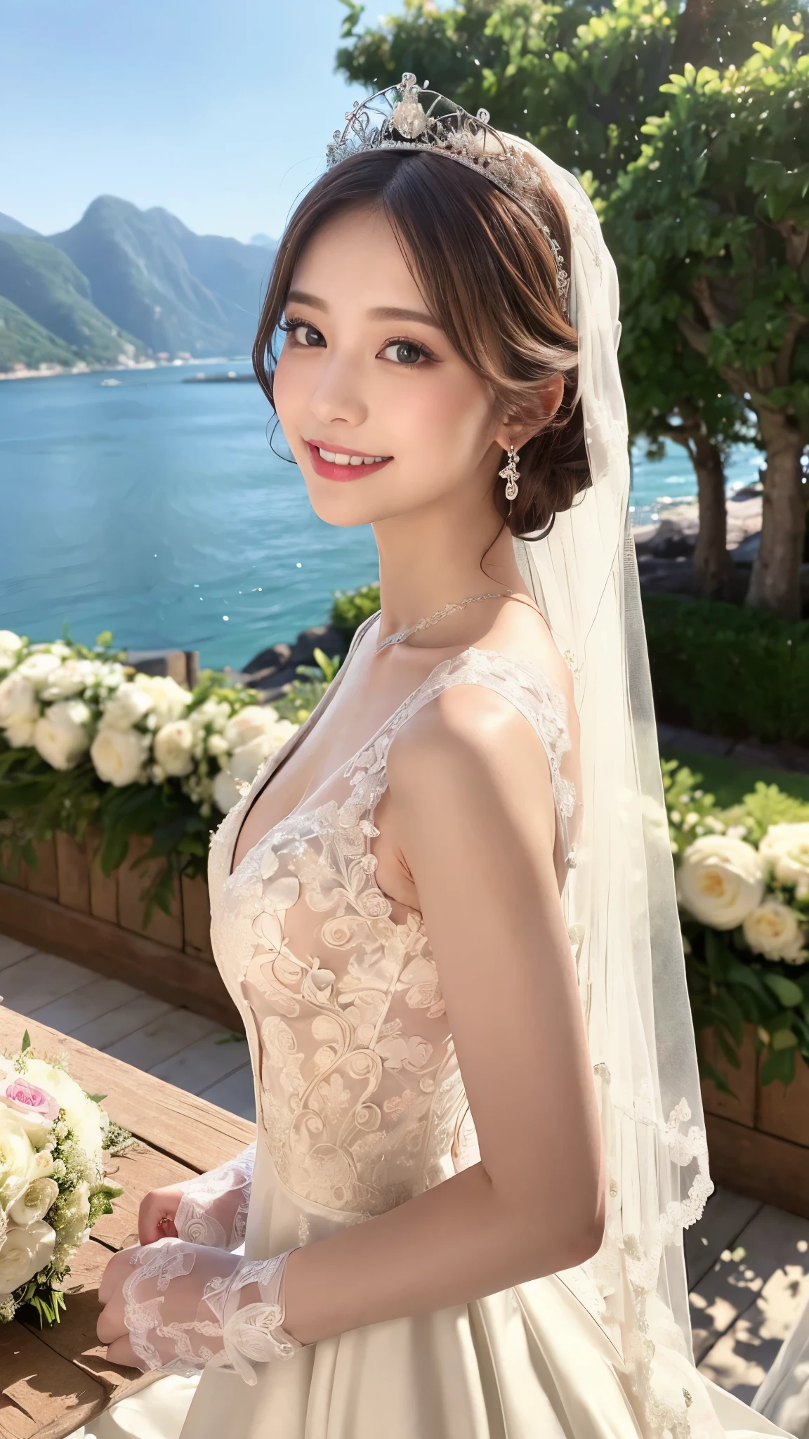 (best quality, on the table:1.2), (actual:1.3), (Super detailed background, Detailed background), Bokeh,taken from the side,  ((Large breasts)), [Beautiful valley],(Princess line wedding dress:1.3),(Neck:1.5), Bridal tiara, wedding veil, bridal gloves,  Upper body, Beautiful wedding venue near the sea, teenager, Lovely,smiling,