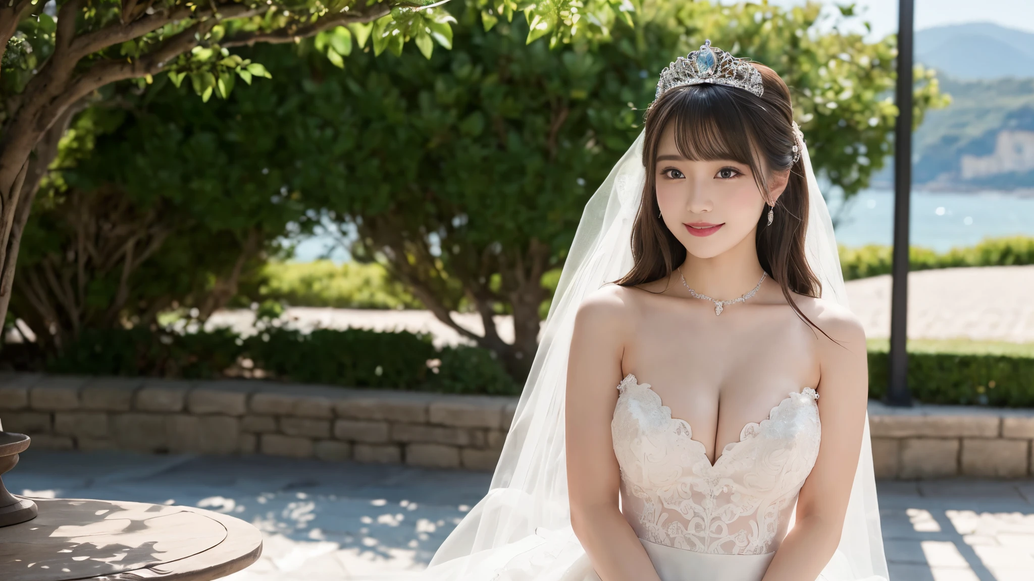 (best quality, on the table:1.2), (actual:1.3), (Super detailed background, Detailed background), Bokeh,taken from the side,  ((Large breasts)), [Beautiful valley],(Princess line wedding dress:1.3),(Neck:1.5), Bridal tiara, wedding veil, bridal gloves,  Upper body, Beautiful wedding venue near the sea, ager, Lovely,smiling,