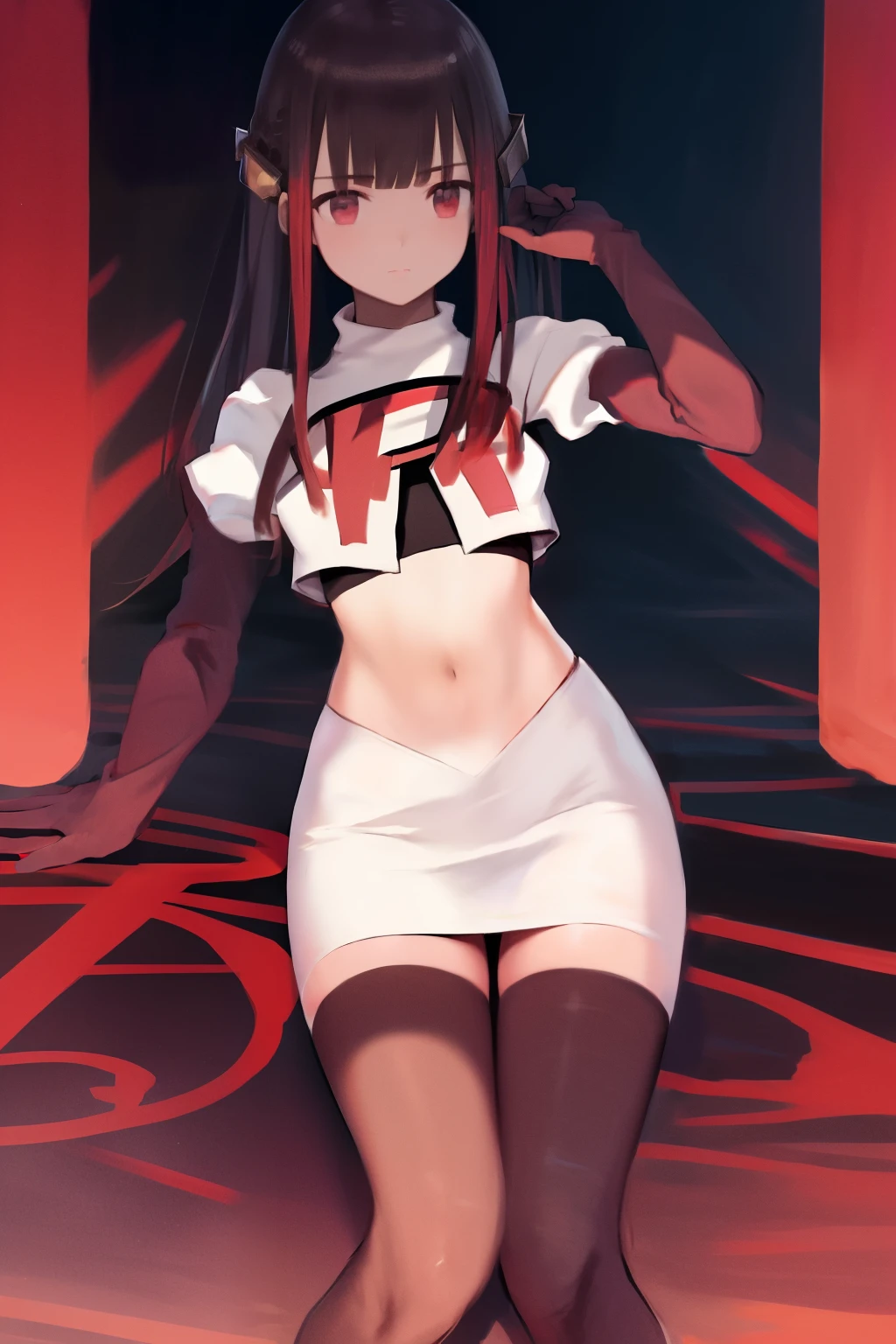 masterpiece, best quality, highres, 1girl hair ornament, team rocket,team rocket uniform, red letter R, white skirt,white crop top,black thigh-highs,black elbow gloves,